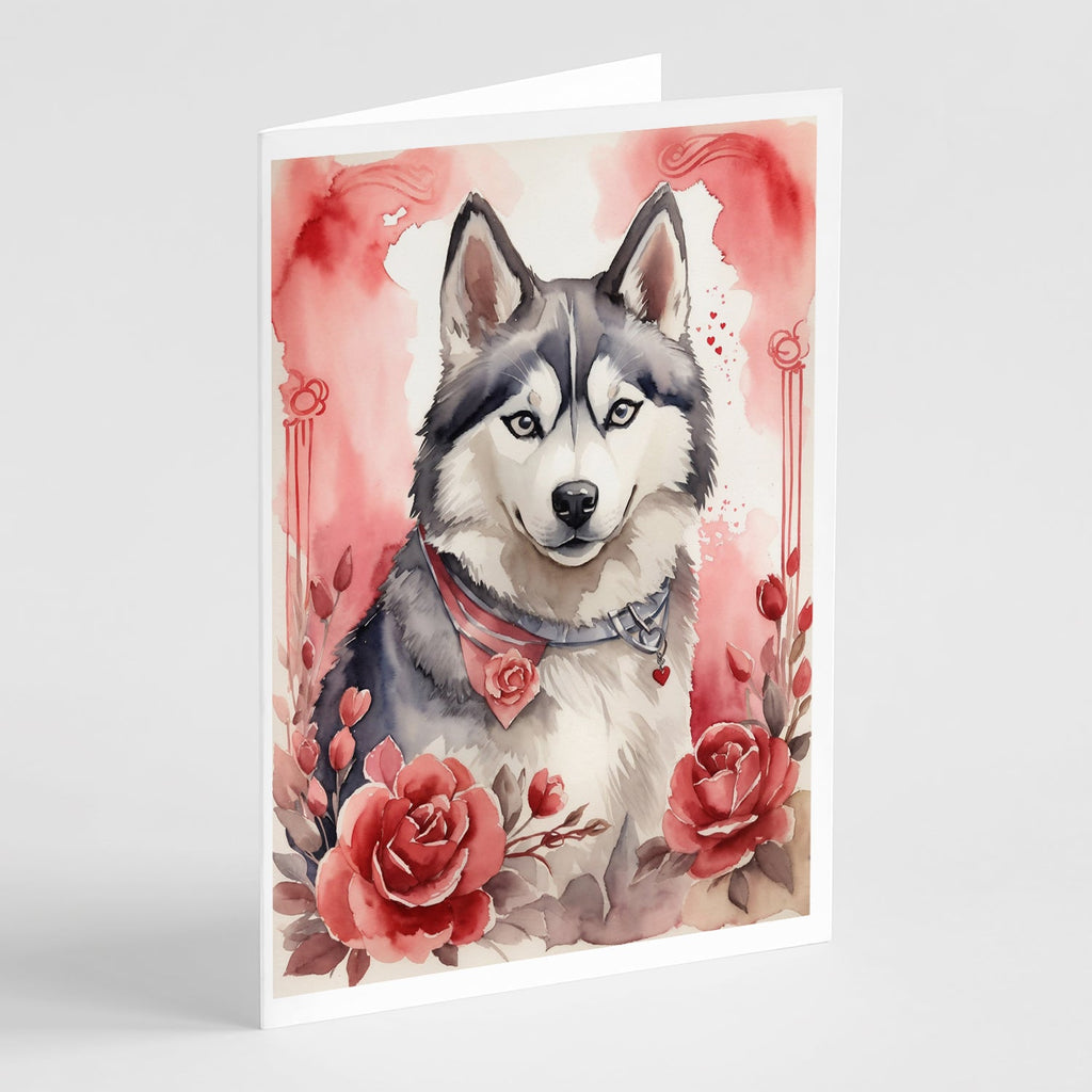 Siberian Husky Valentine Roses Greeting Cards Pack of 8 Blank Cards with Envelopes Whimsical A7 Size 5x7