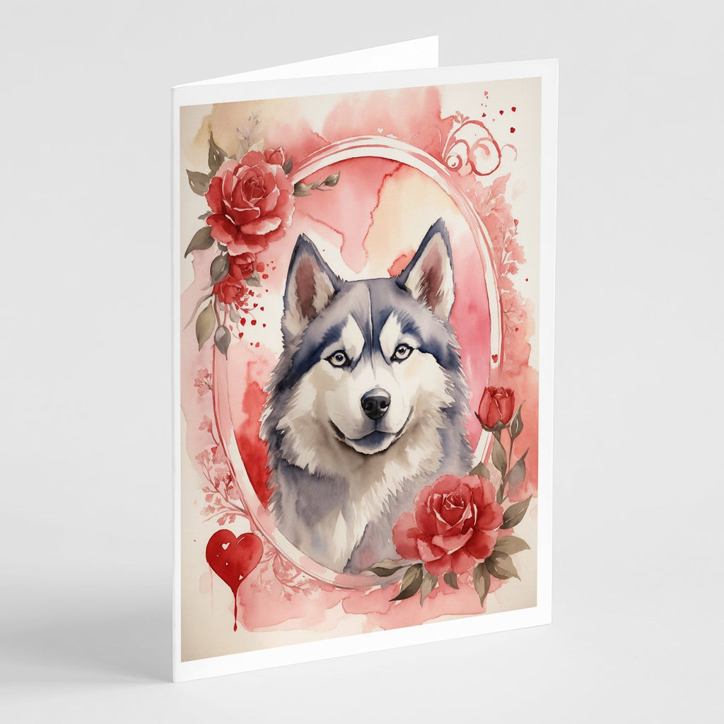 Siberian Husky Valentine Roses Greeting Cards Pack of 8 Blank Cards with Envelopes Whimsical A7 Size 5x7