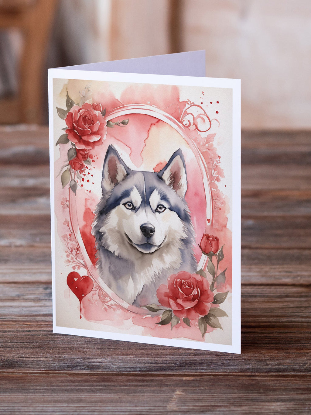 Siberian Husky Valentine Roses Greeting Cards Pack of 8 Blank Cards with Envelopes Whimsical A7 Size 5x7