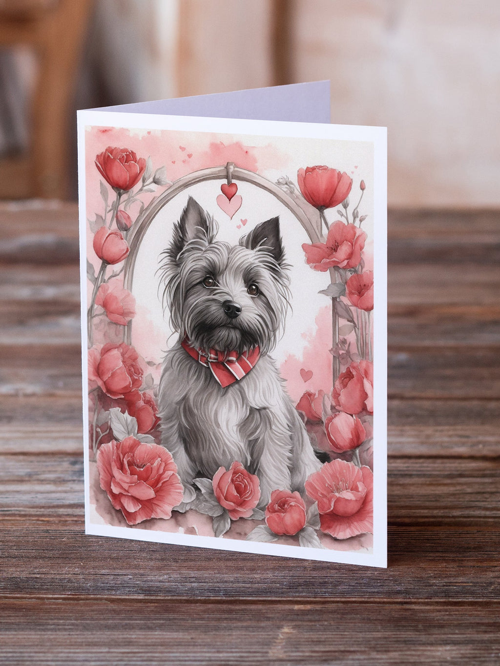 Skye Terrier Valentine Roses Greeting Cards Pack of 8 Blank Cards with Envelopes Whimsical A7 Size 5x7