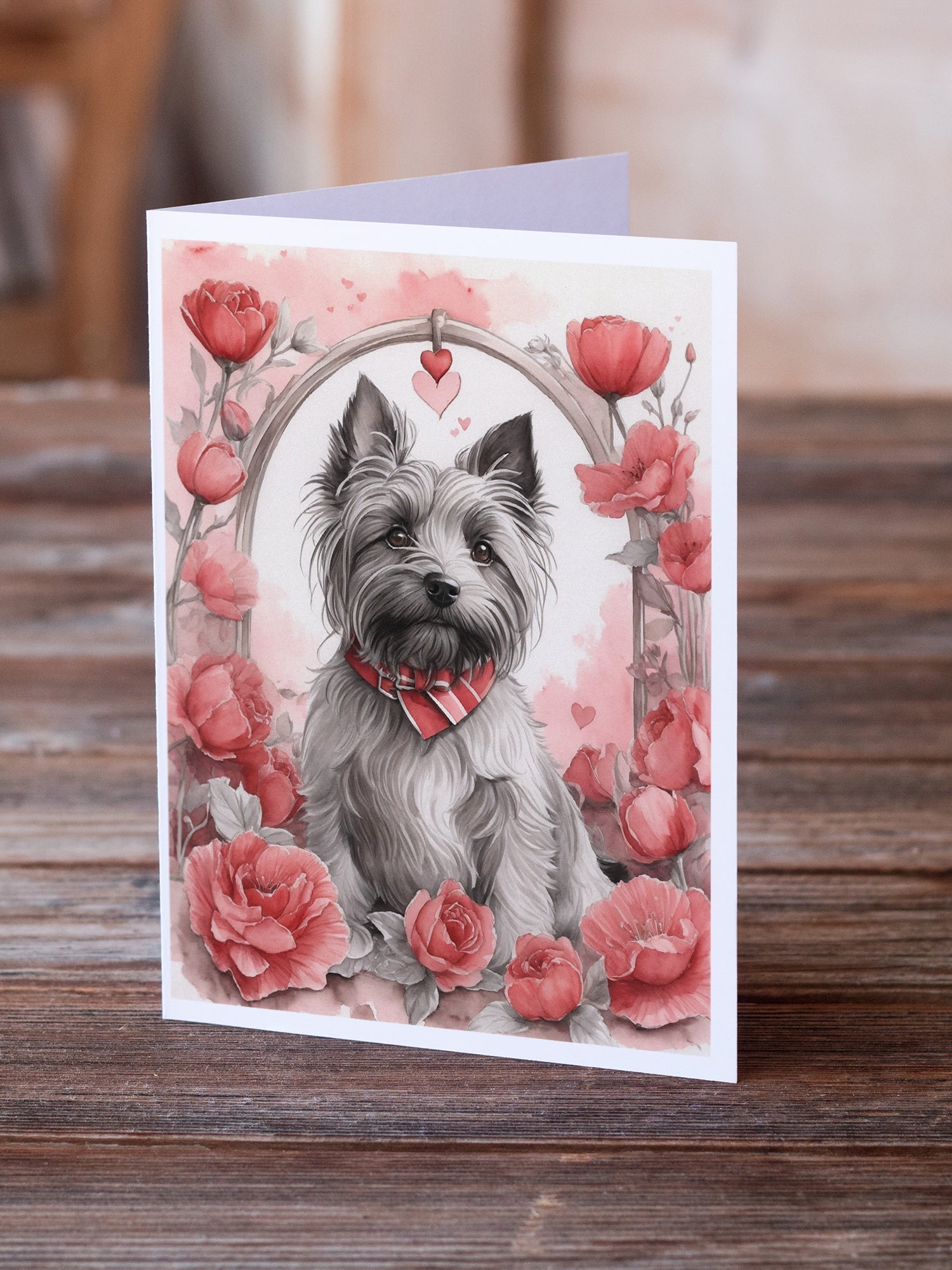 Skye Terrier Valentine Roses Greeting Cards Pack of 8 Blank Cards with Envelopes Whimsical A7 Size 5x7