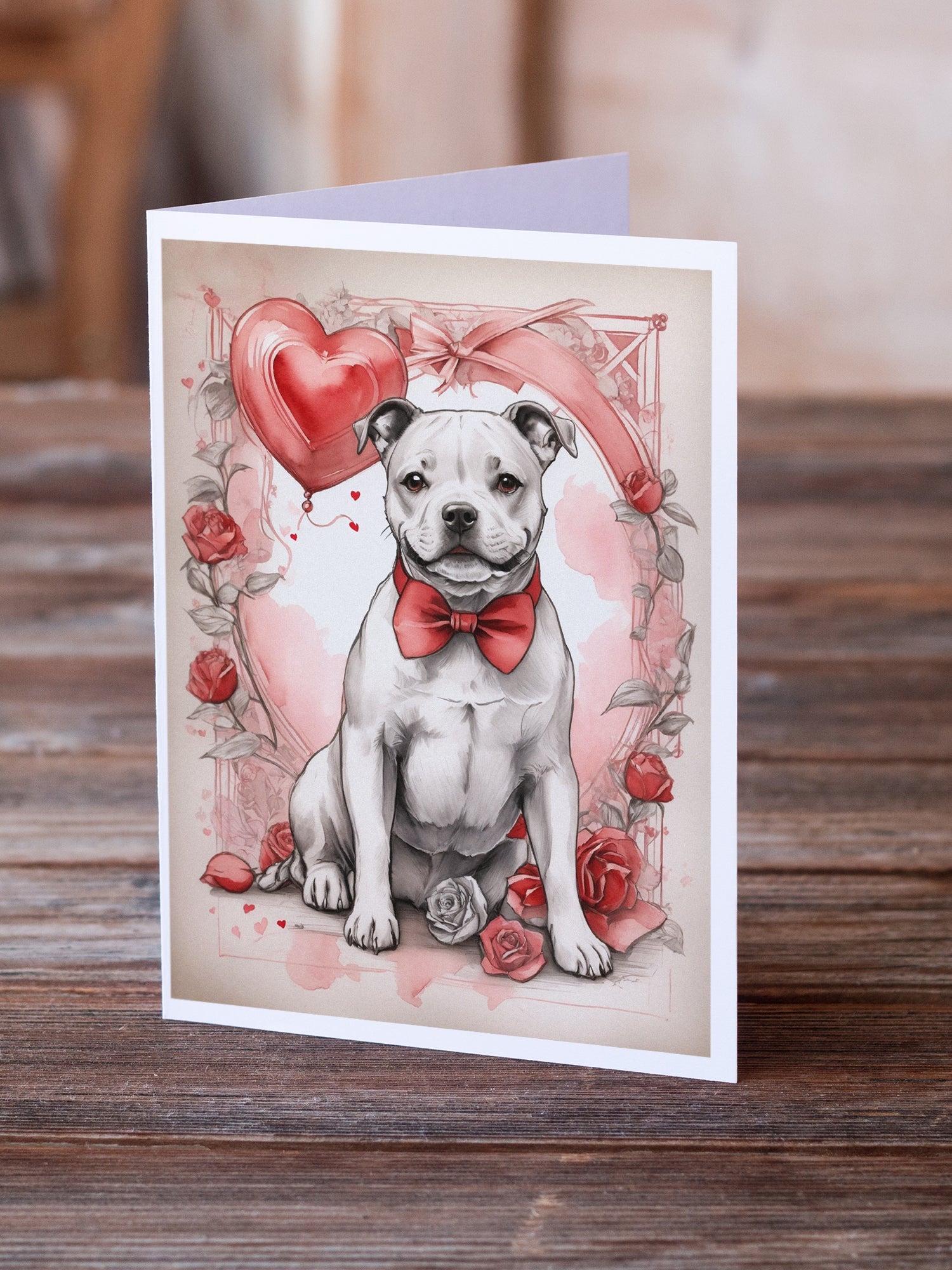Staffordshire Bull Terrier Valentine Roses Greeting Cards Pack of 8 Blank Cards with Envelopes Whimsical A7 Size 5x7