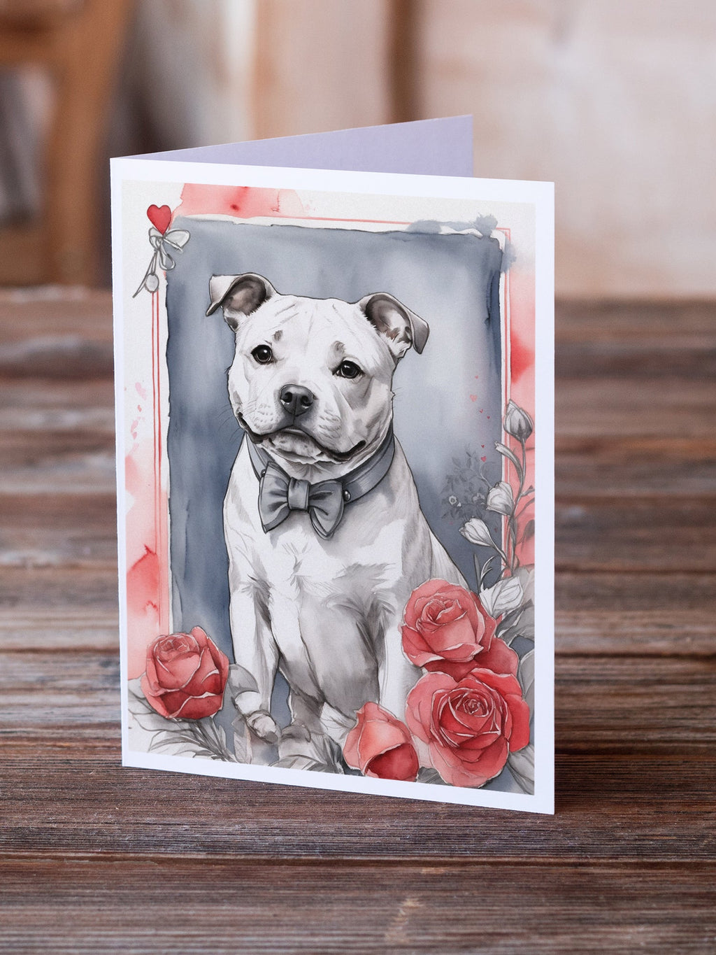 Staffordshire Bull Terrier Valentine Roses Greeting Cards Pack of 8 Blank Cards with Envelopes Whimsical A7 Size 5x7
