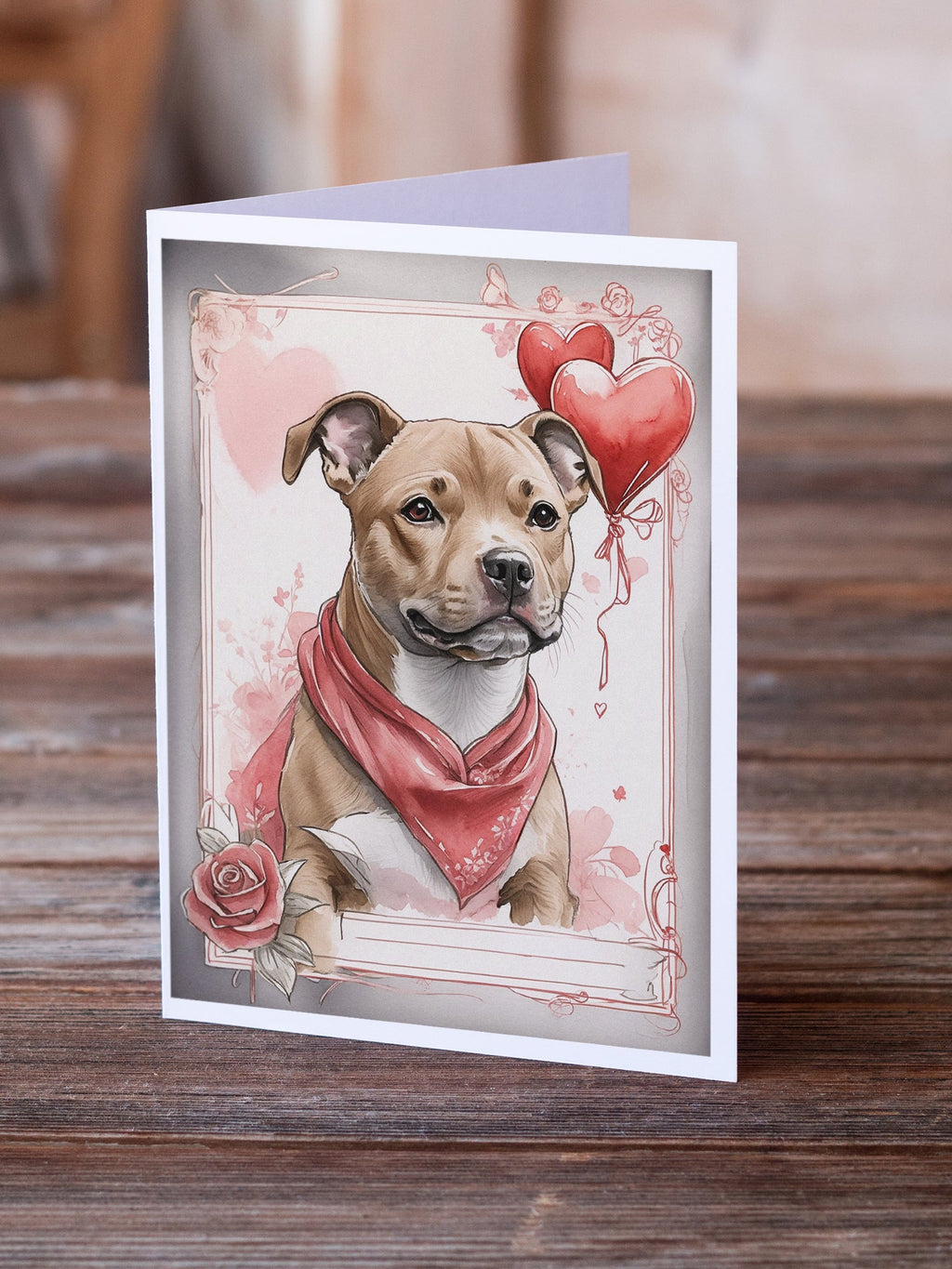 Staffordshire Bull Terrier Valentine Roses Greeting Cards Pack of 8 Blank Cards with Envelopes Whimsical A7 Size 5x7