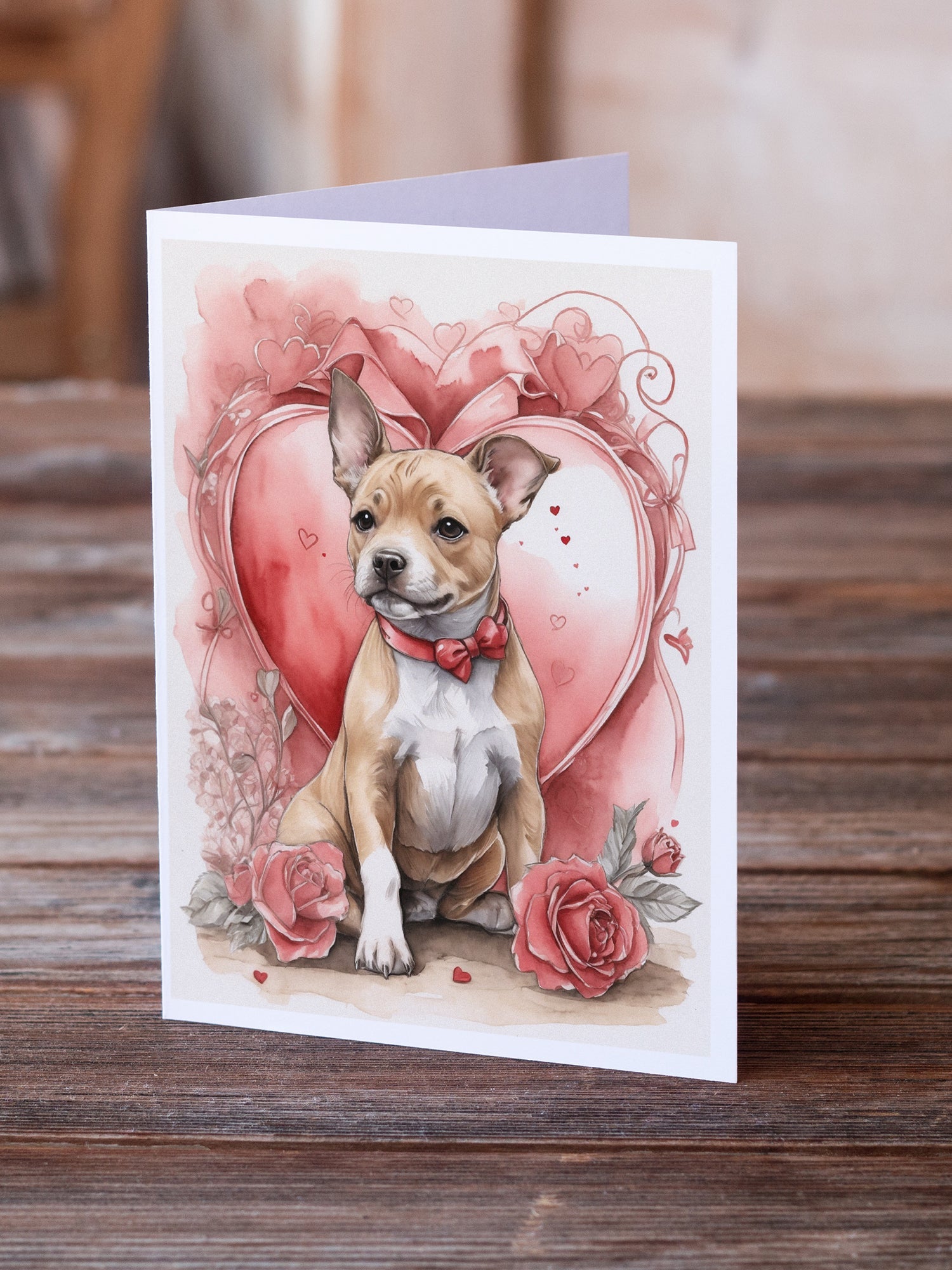 Staffordshire Bull Terrier Valentine Roses Greeting Cards Pack of 8 Blank Cards with Envelopes Whimsical A7 Size 5x7
