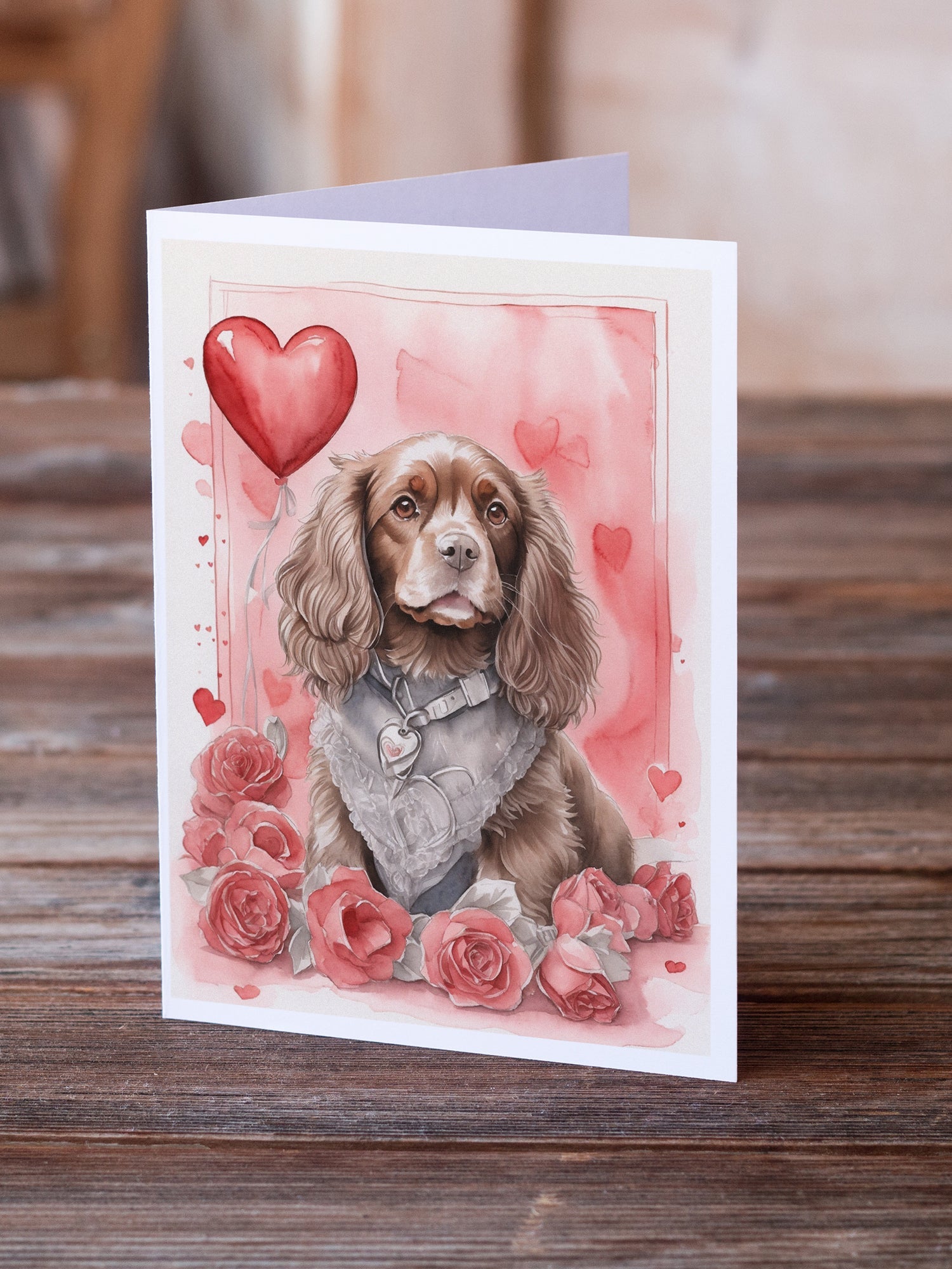 Sussex Spaniel Valentine Roses Greeting Cards Pack of 8 Blank Cards with Envelopes Whimsical A7 Size 5x7