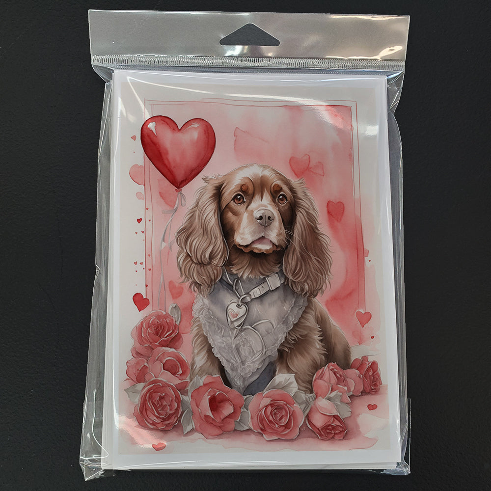 Sussex Spaniel Valentine Roses Greeting Cards Pack of 8 Blank Cards with Envelopes Whimsical A7 Size 5x7