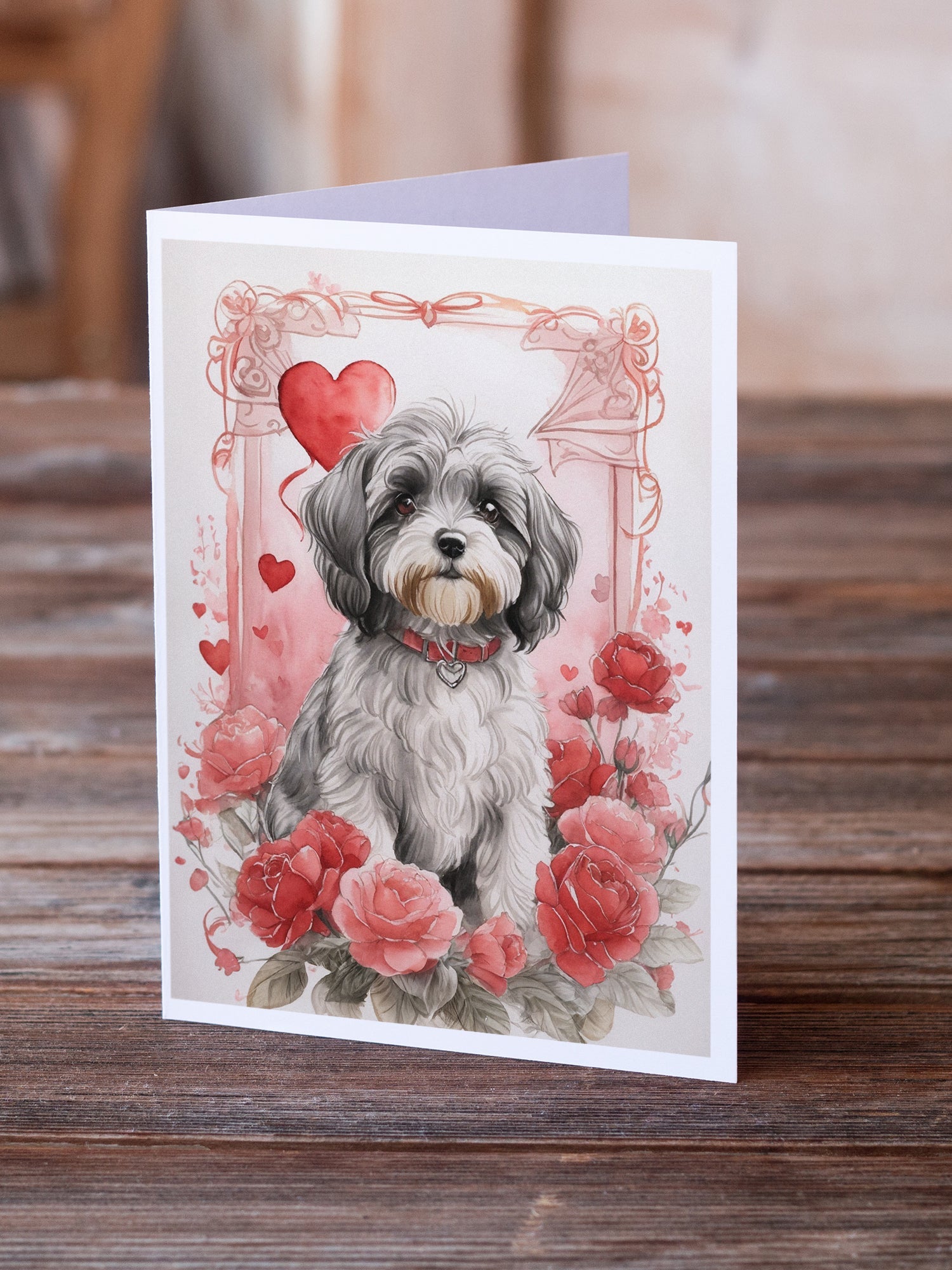 Tibetan Terrier Valentine Roses Greeting Cards Pack of 8 Blank Cards with Envelopes Whimsical A7 Size 5x7