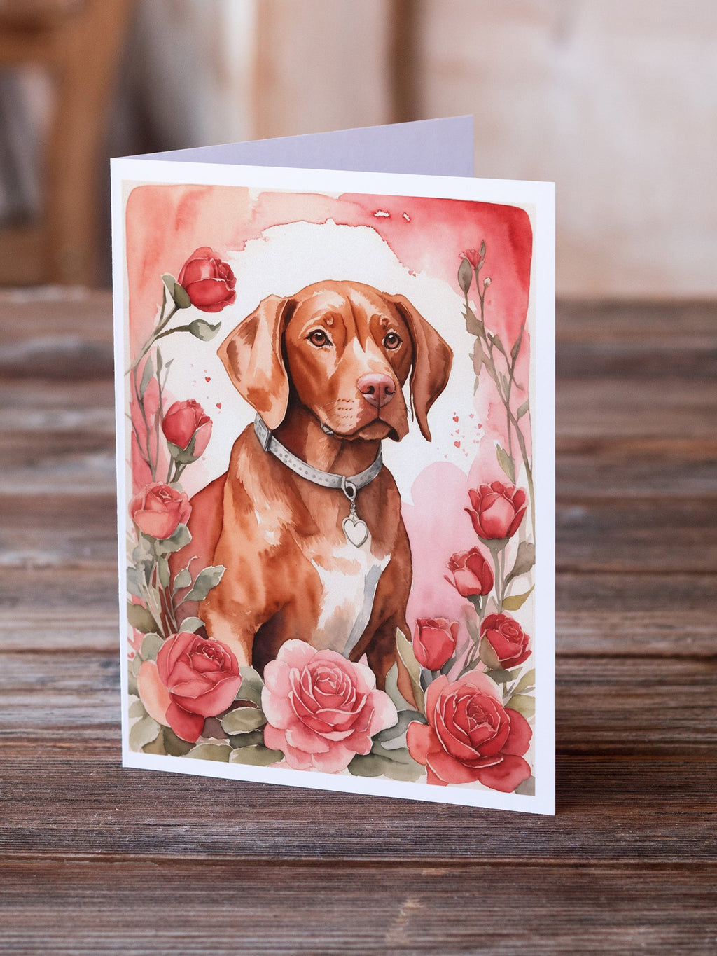 Vizsla Valentine Roses Greeting Cards Pack of 8 Blank Cards with Envelopes Whimsical A7 Size 5x7