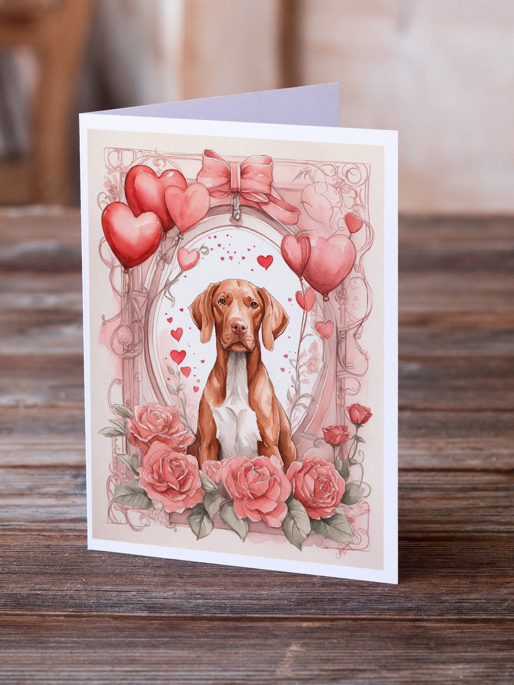 Vizsla Valentine Roses Greeting Cards Pack of 8 Blank Cards with Envelopes Whimsical A7 Size 5x7