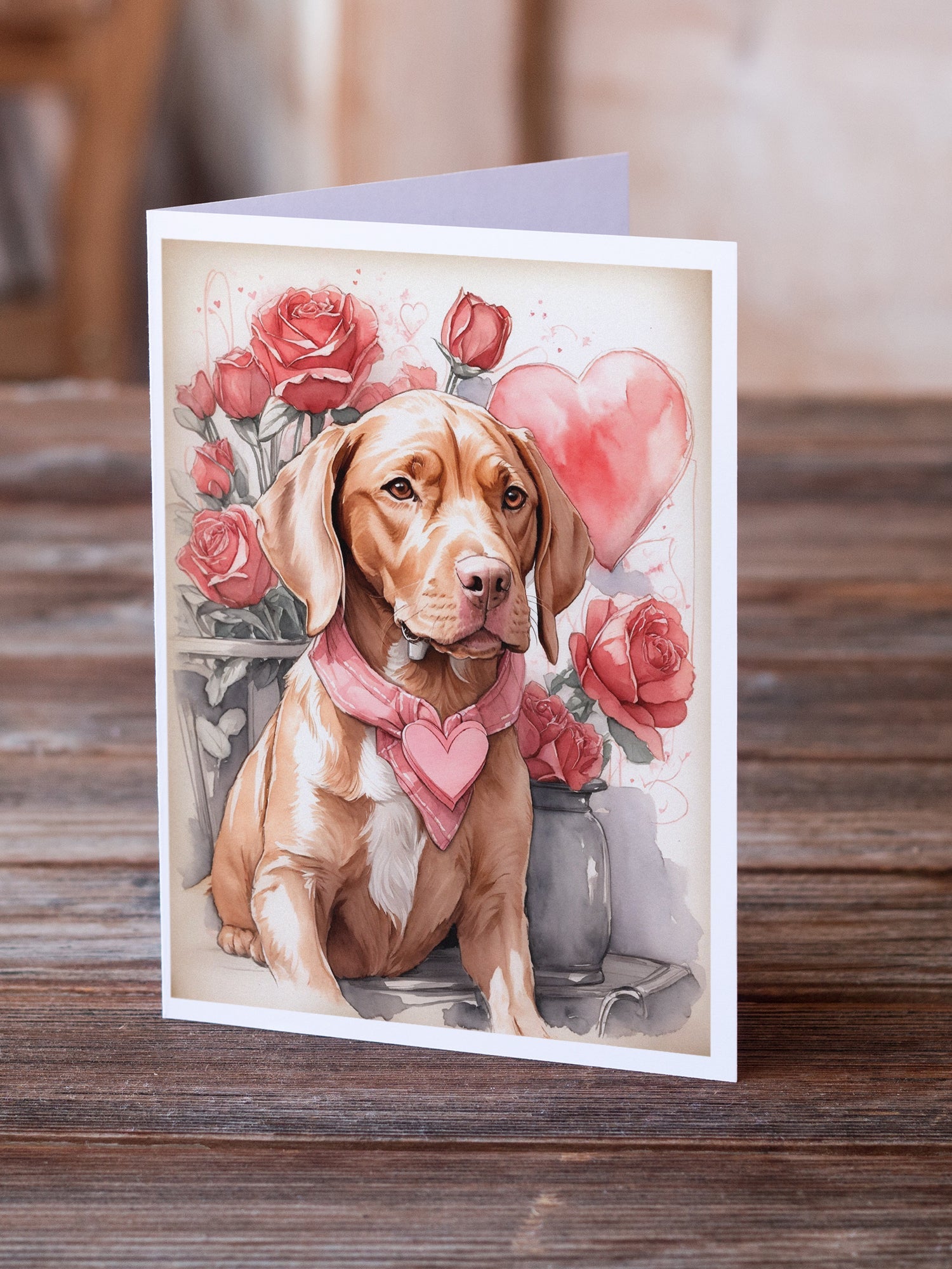 Vizsla Valentine Roses Greeting Cards Pack of 8 Blank Cards with Envelopes Whimsical A7 Size 5x7