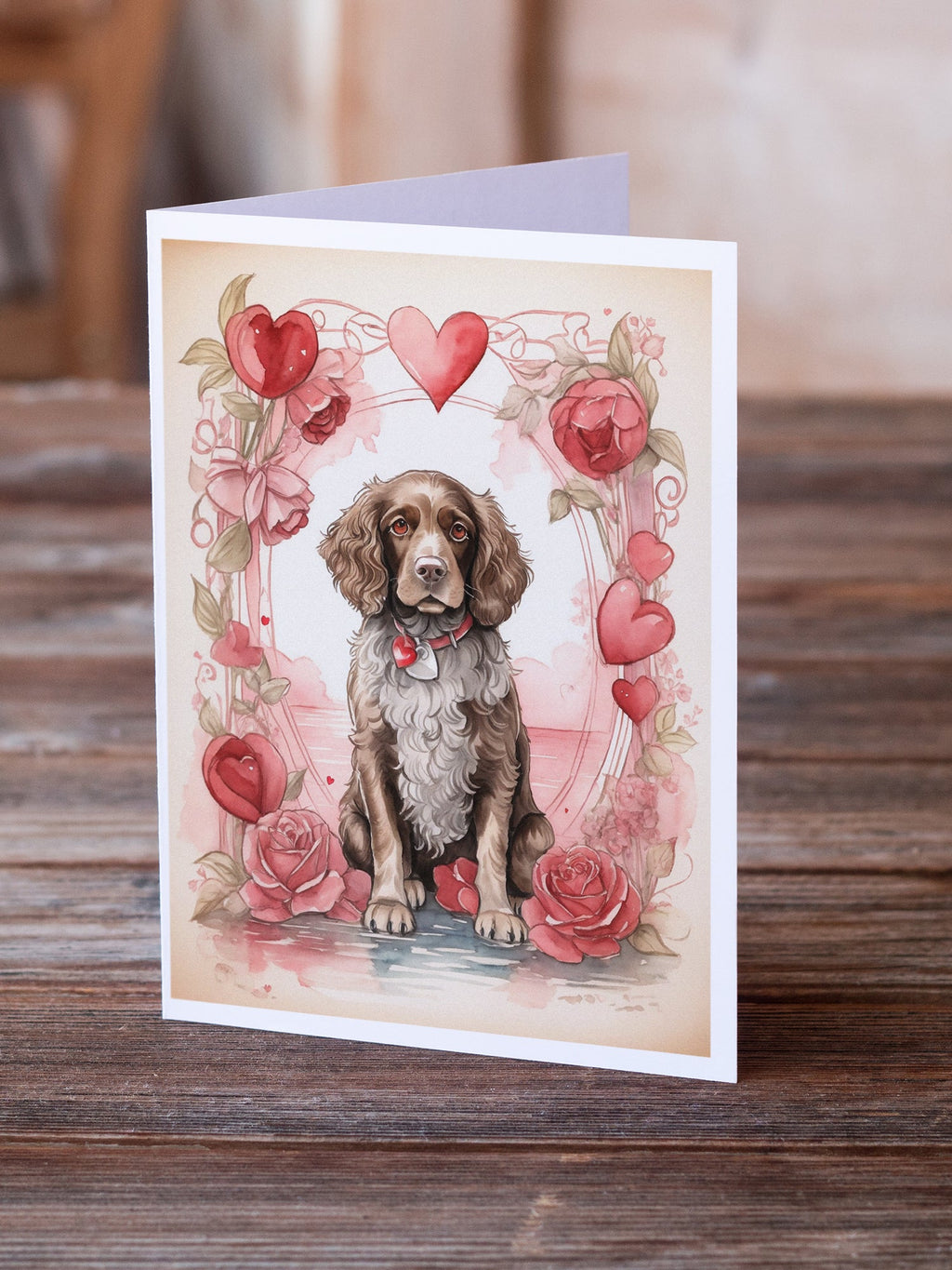 Water Spaniel Valentine Roses Greeting Cards Pack of 8 Blank Cards with Envelopes Whimsical A7 Size 5x7