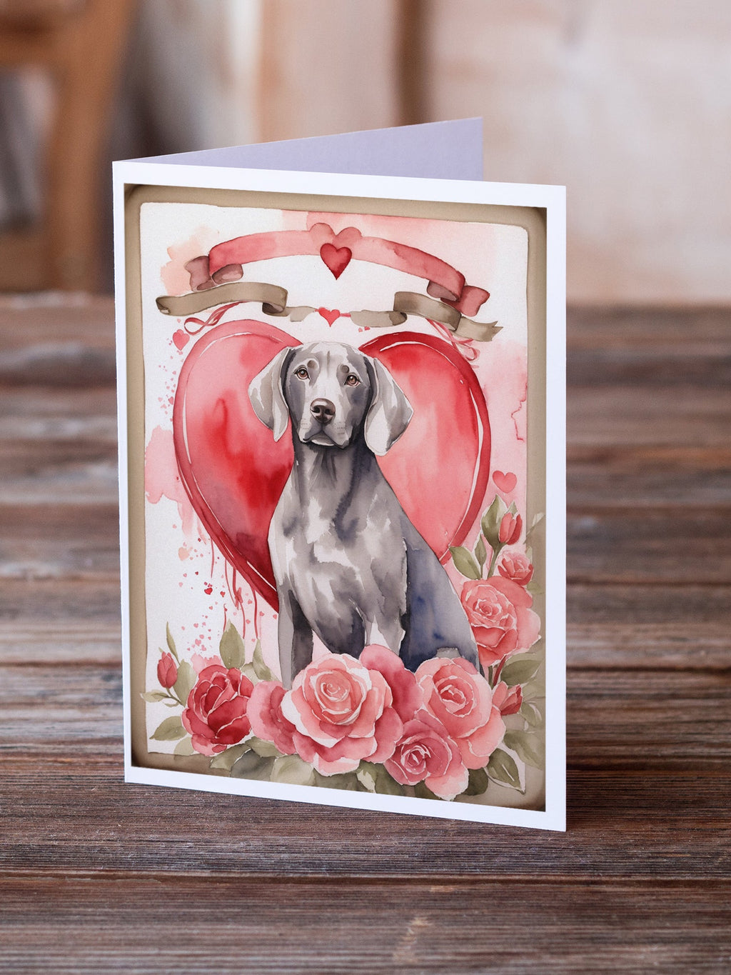 Weimaraner Valentine Roses Greeting Cards Pack of 8 Blank Cards with Envelopes Whimsical A7 Size 5x7
