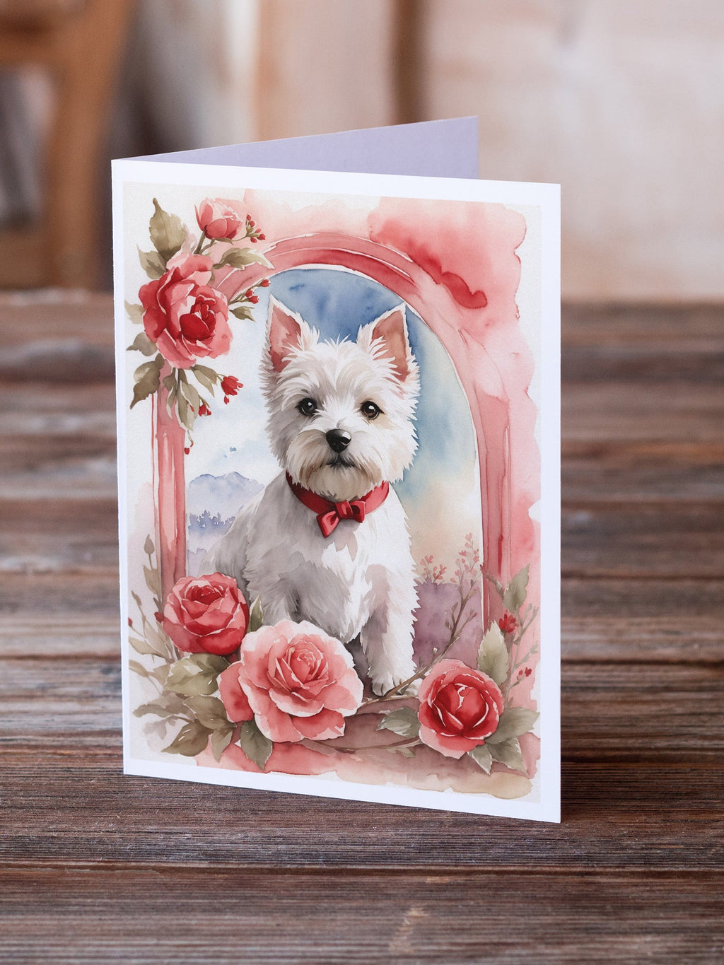 Westie Terrier Valentine Roses Greeting Cards Pack of 8 Blank Cards with Envelopes Whimsical A7 Size 5x7