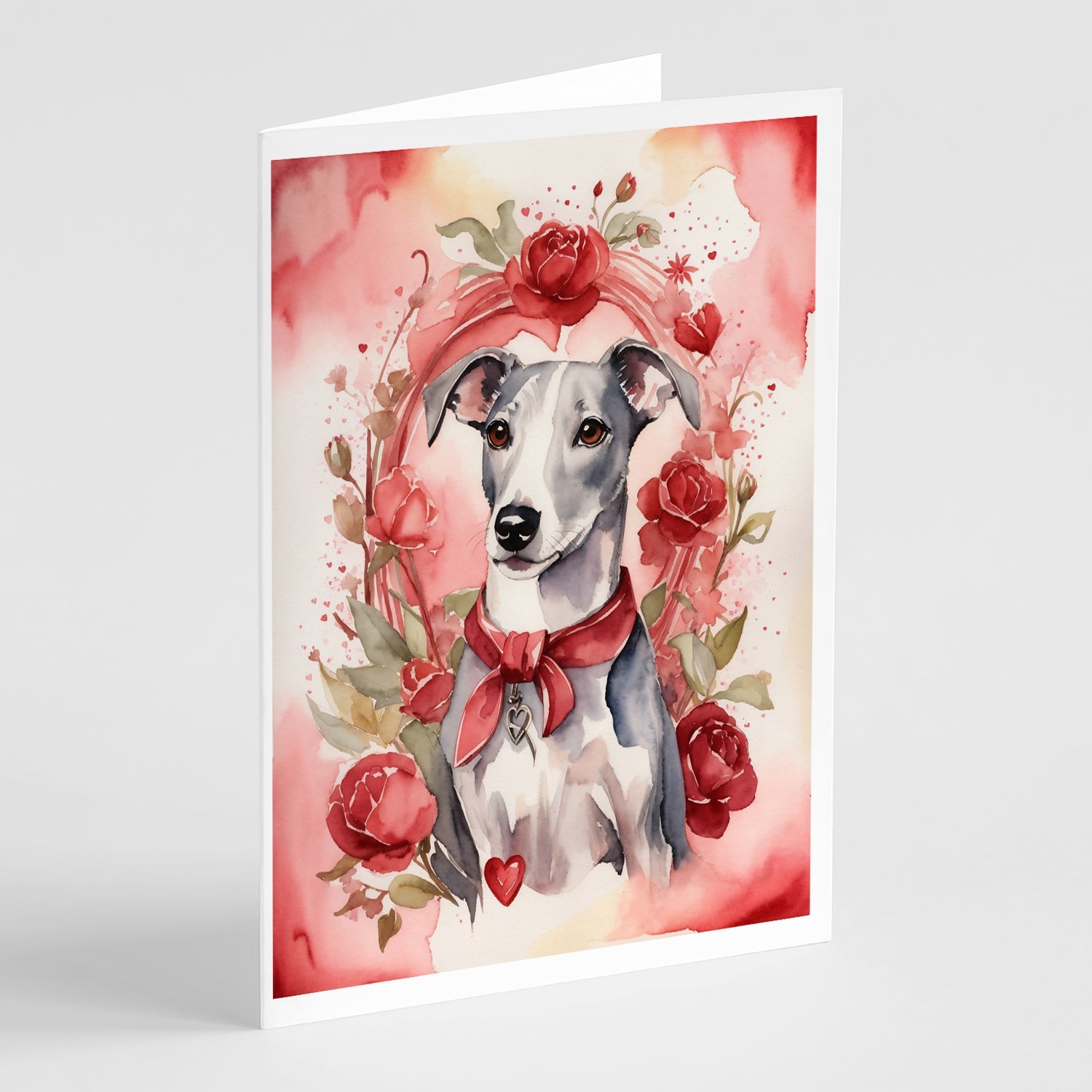 Whippet Valentine Roses Greeting Cards Pack of 8 Blank Cards with Envelopes Whimsical A7 Size 5x7