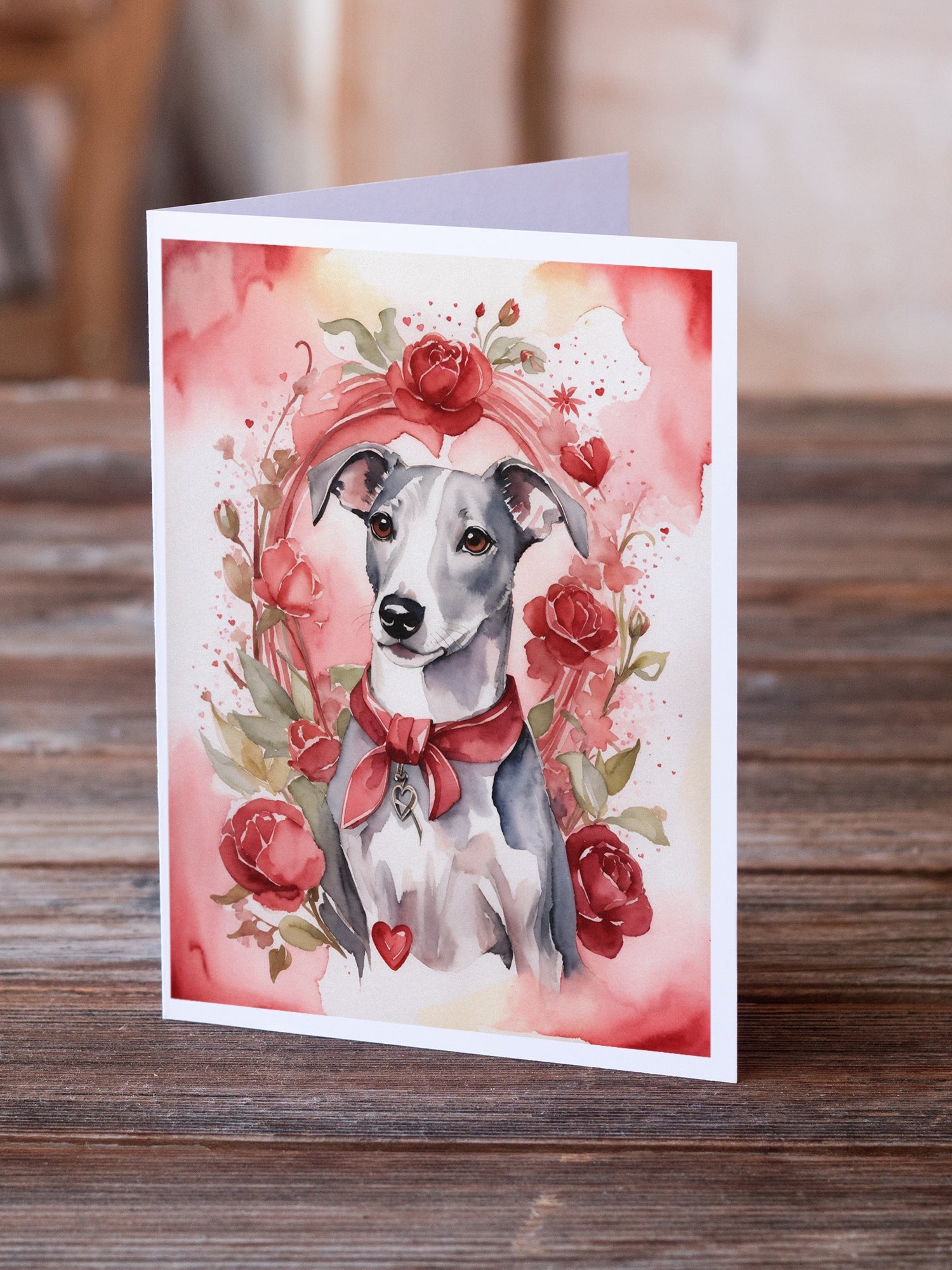 Whippet Valentine Roses Greeting Cards Pack of 8 Blank Cards with Envelopes Whimsical A7 Size 5x7