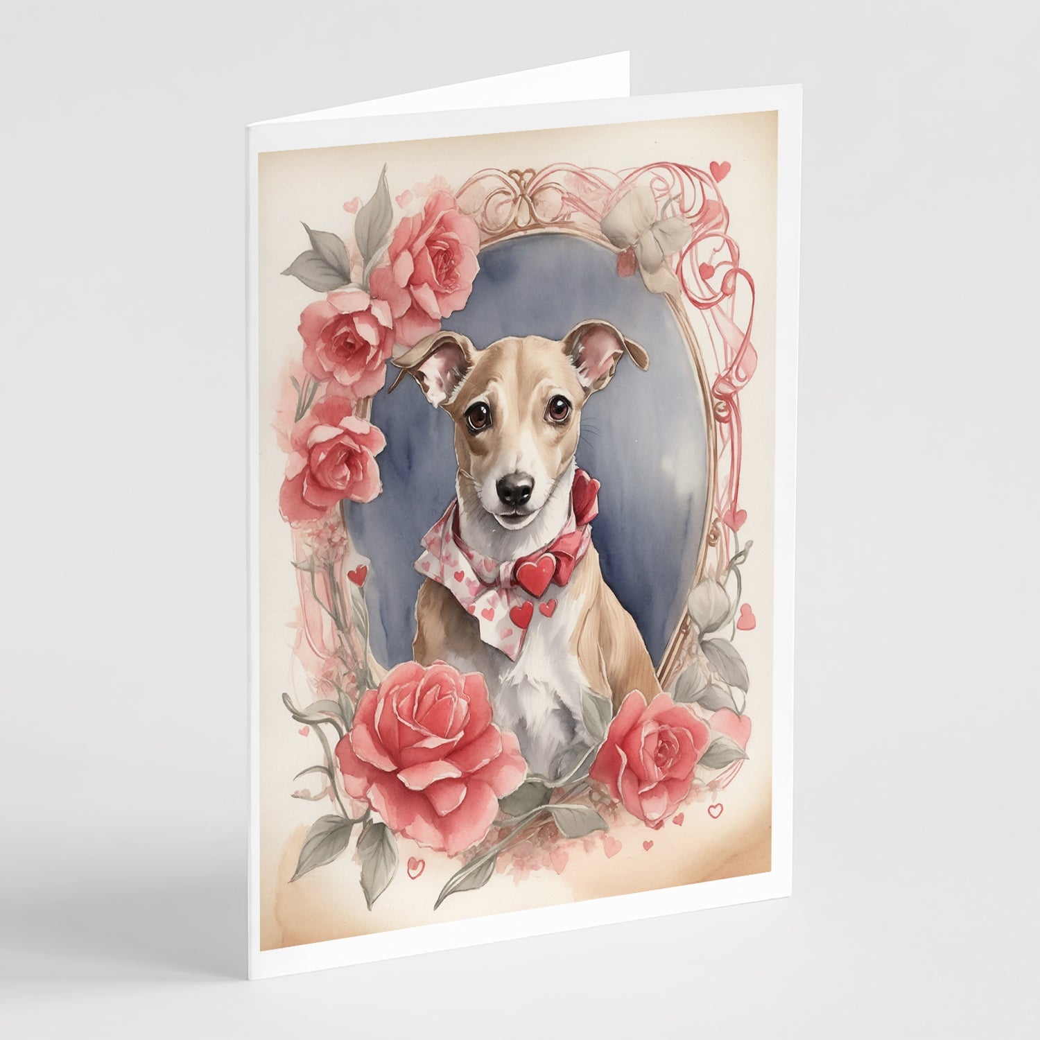 Whippet Valentine Roses Greeting Cards Pack of 8 Blank Cards with Envelopes Whimsical A7 Size 5x7