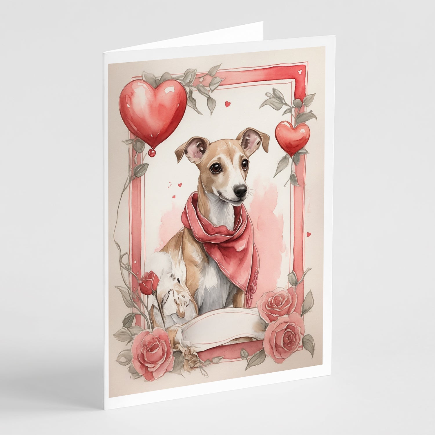 Whippet Valentine Roses Greeting Cards Pack of 8 Blank Cards with Envelopes Whimsical A7 Size 5x7