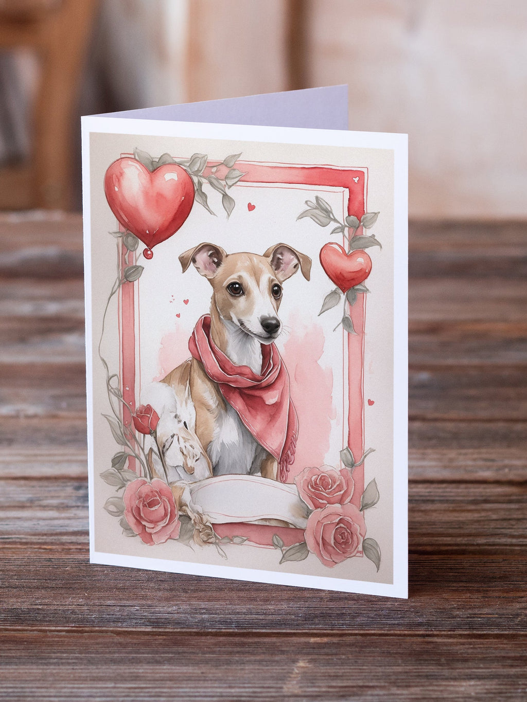 Whippet Valentine Roses Greeting Cards Pack of 8 Blank Cards with Envelopes Whimsical A7 Size 5x7