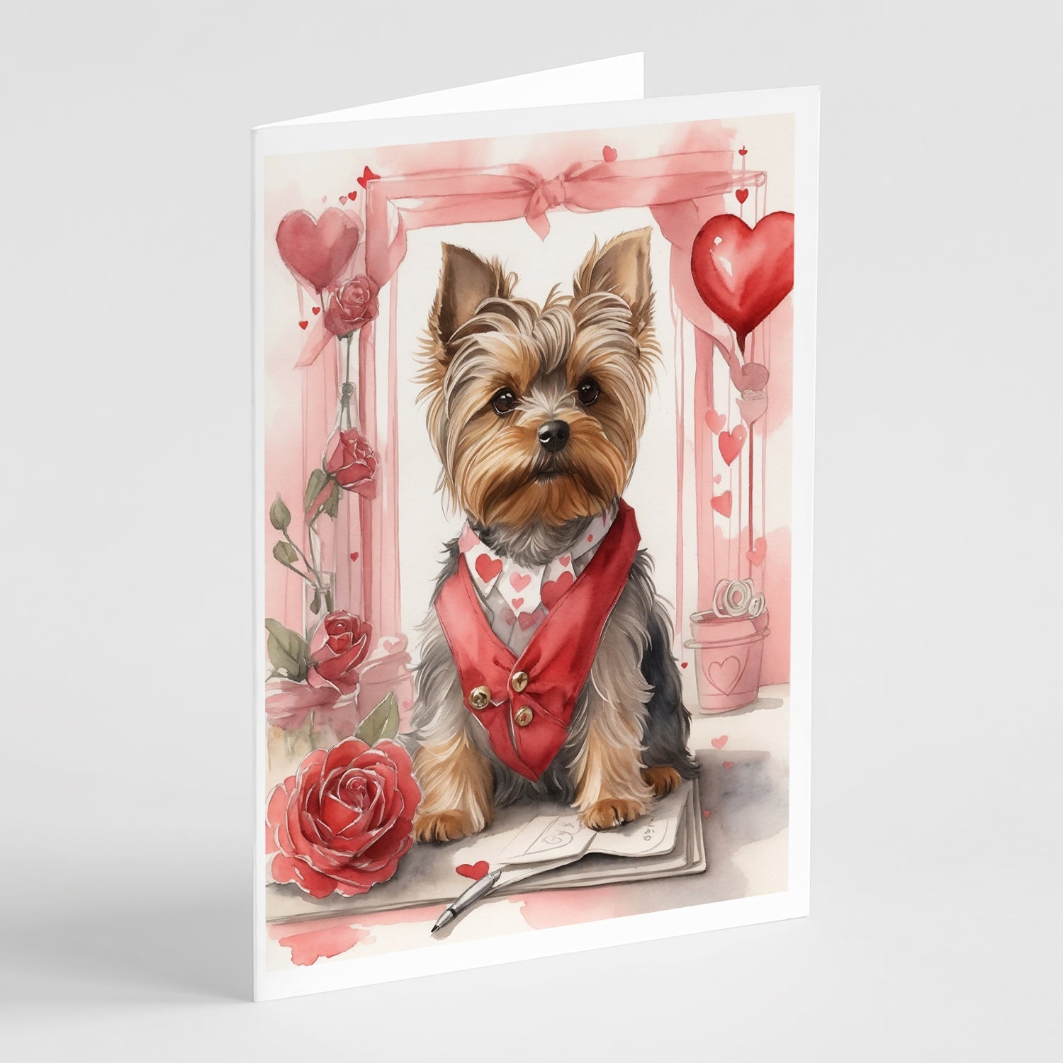 Yorkshire Terrier Valentine Roses Greeting Cards Pack of 8 Blank Cards with Envelopes Whimsical A7 Size 5x7