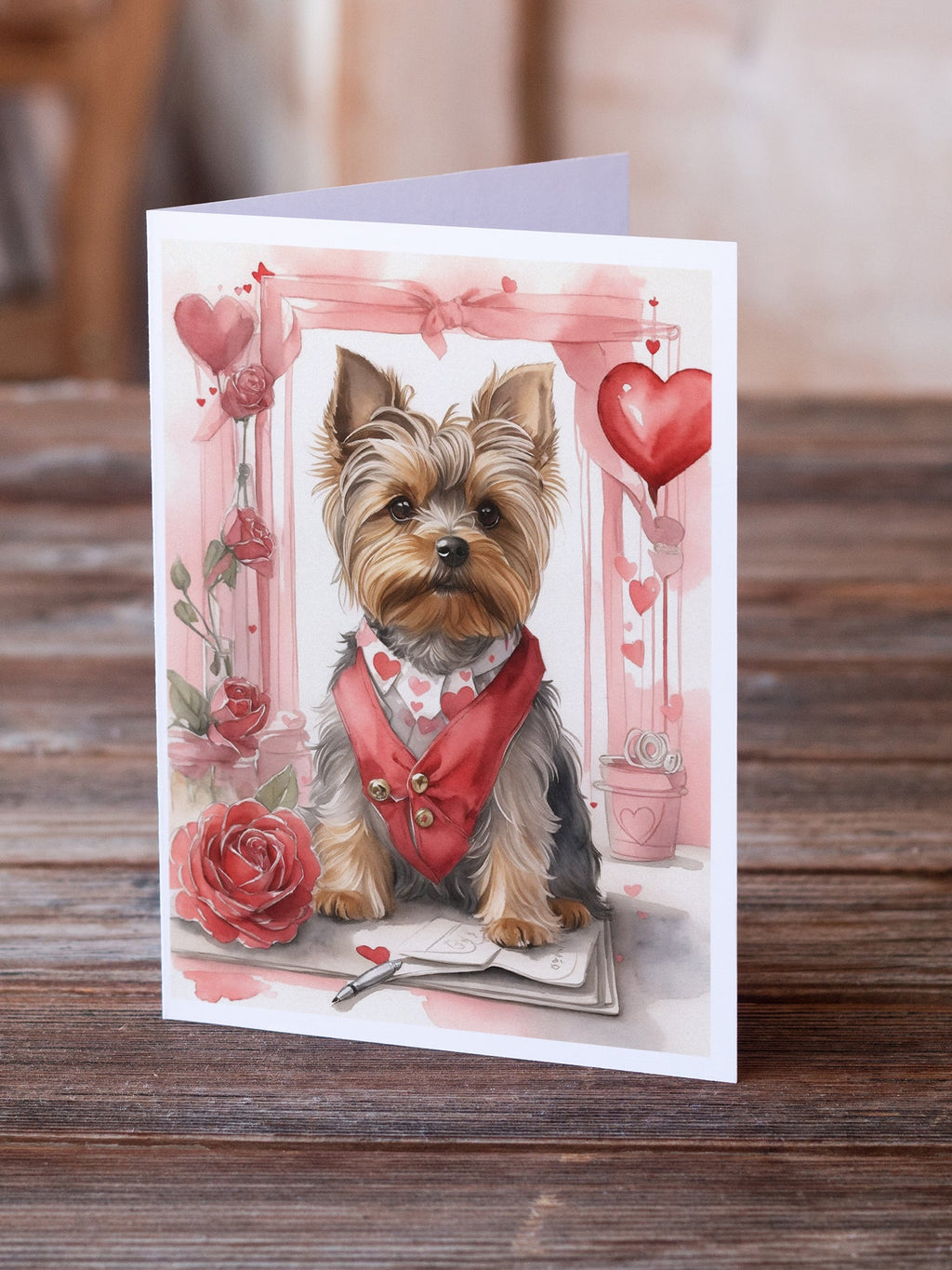 Yorkshire Terrier Valentine Roses Greeting Cards Pack of 8 Blank Cards with Envelopes Whimsical A7 Size 5x7