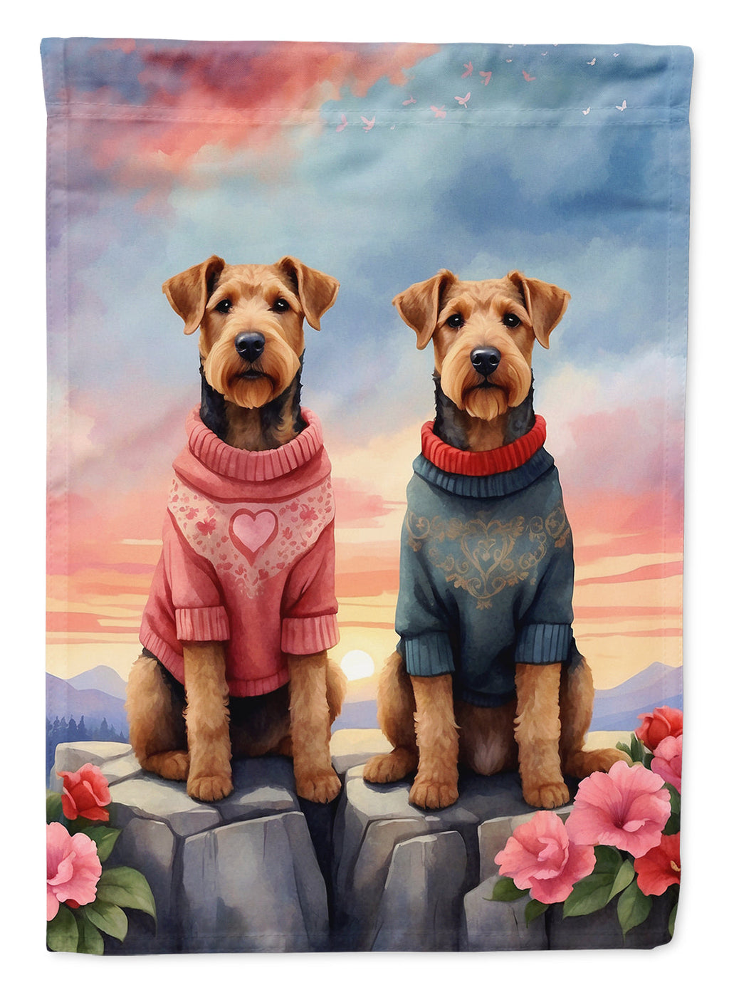 Airedale Terrier Two Hearts House Flag 28x40 Porch Sleeve Pole Decorative Outside Yard Banner Artwork Wall Hanging, Polyester