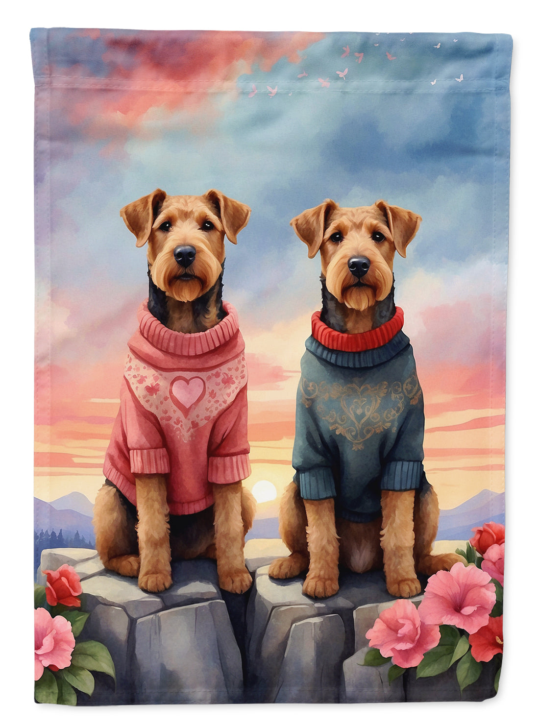 Airedale Terrier Two Hearts House Flag 28x40 Porch Sleeve Pole Decorative Outside Yard Banner Artwork Wall Hanging, Polyester