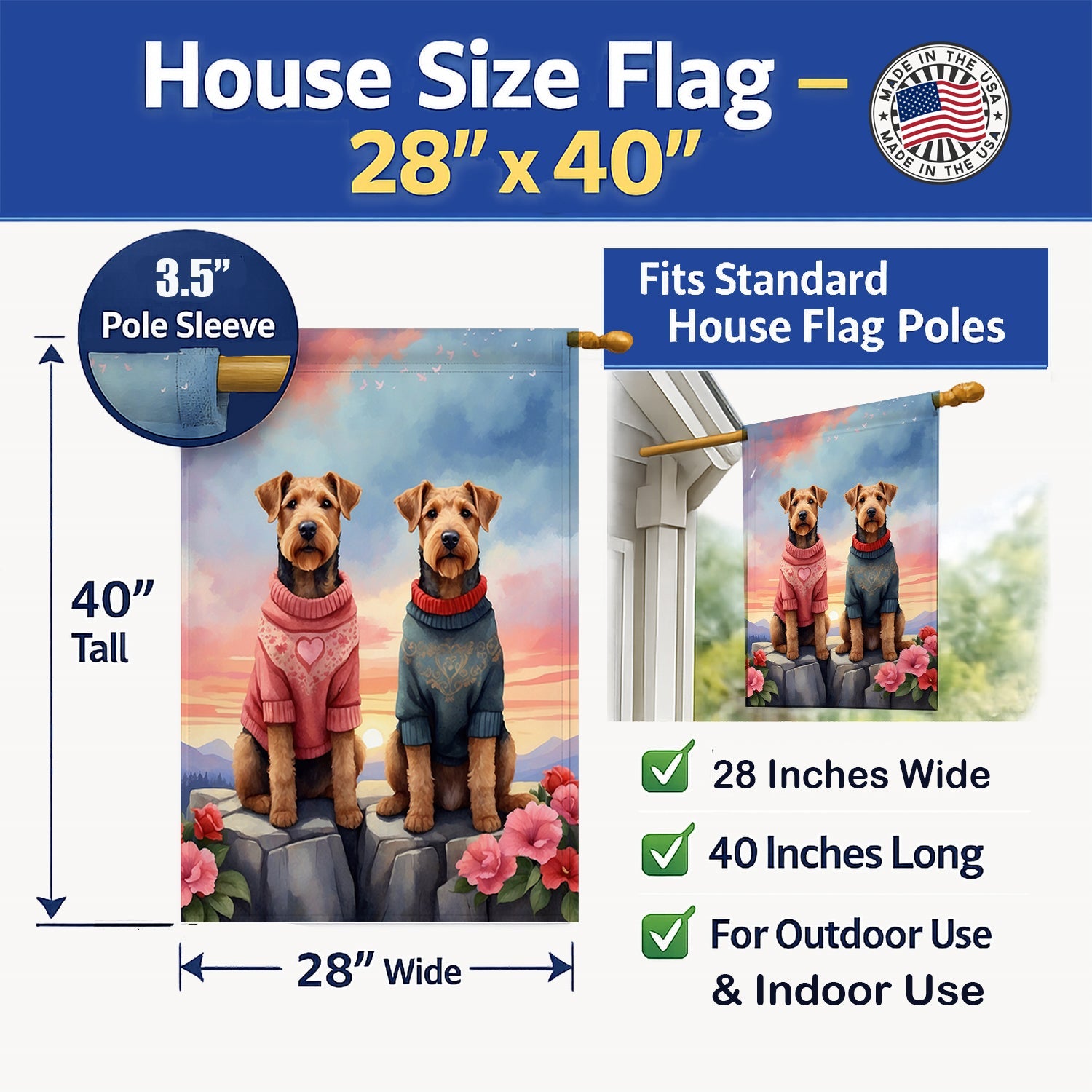 Airedale Terrier Two Hearts House Flag 28x40 Porch Sleeve Pole Decorative Outside Yard Banner Artwork Wall Hanging, Polyester