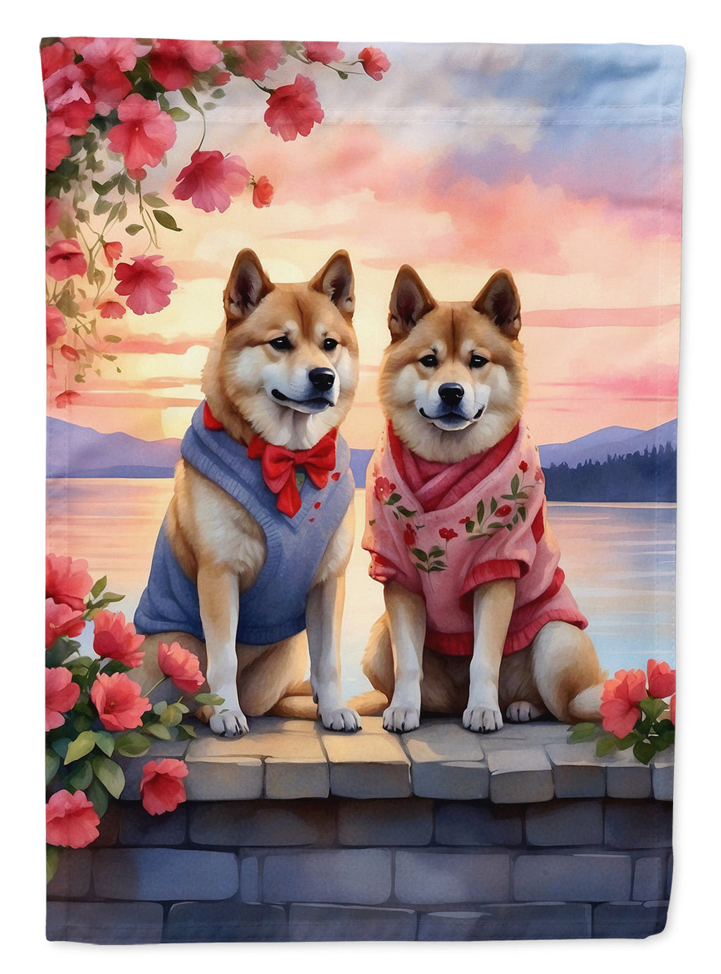 Akita Two Hearts House Flag 28x40 Porch Sleeve Pole Decorative Outside Yard Banner Artwork Wall Hanging, Polyester