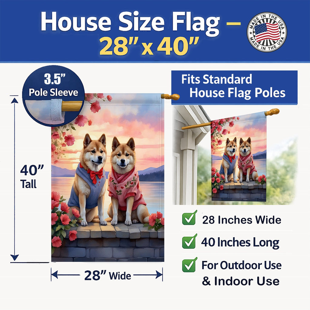 Akita Two Hearts House Flag 28x40 Porch Sleeve Pole Decorative Outside Yard Banner Artwork Wall Hanging, Polyester