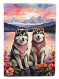 Alaskan Malamute Two Hearts House Flag 28x40 Porch Sleeve Pole Decorative Outside Yard Banner Artwork Wall Hanging, Polyester