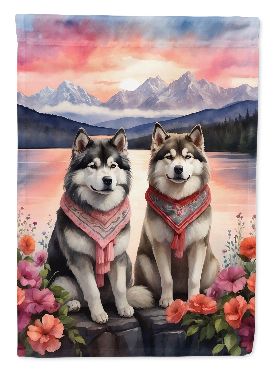 Alaskan Malamute Two Hearts House Flag 28x40 Porch Sleeve Pole Decorative Outside Yard Banner Artwork Wall Hanging, Polyester
