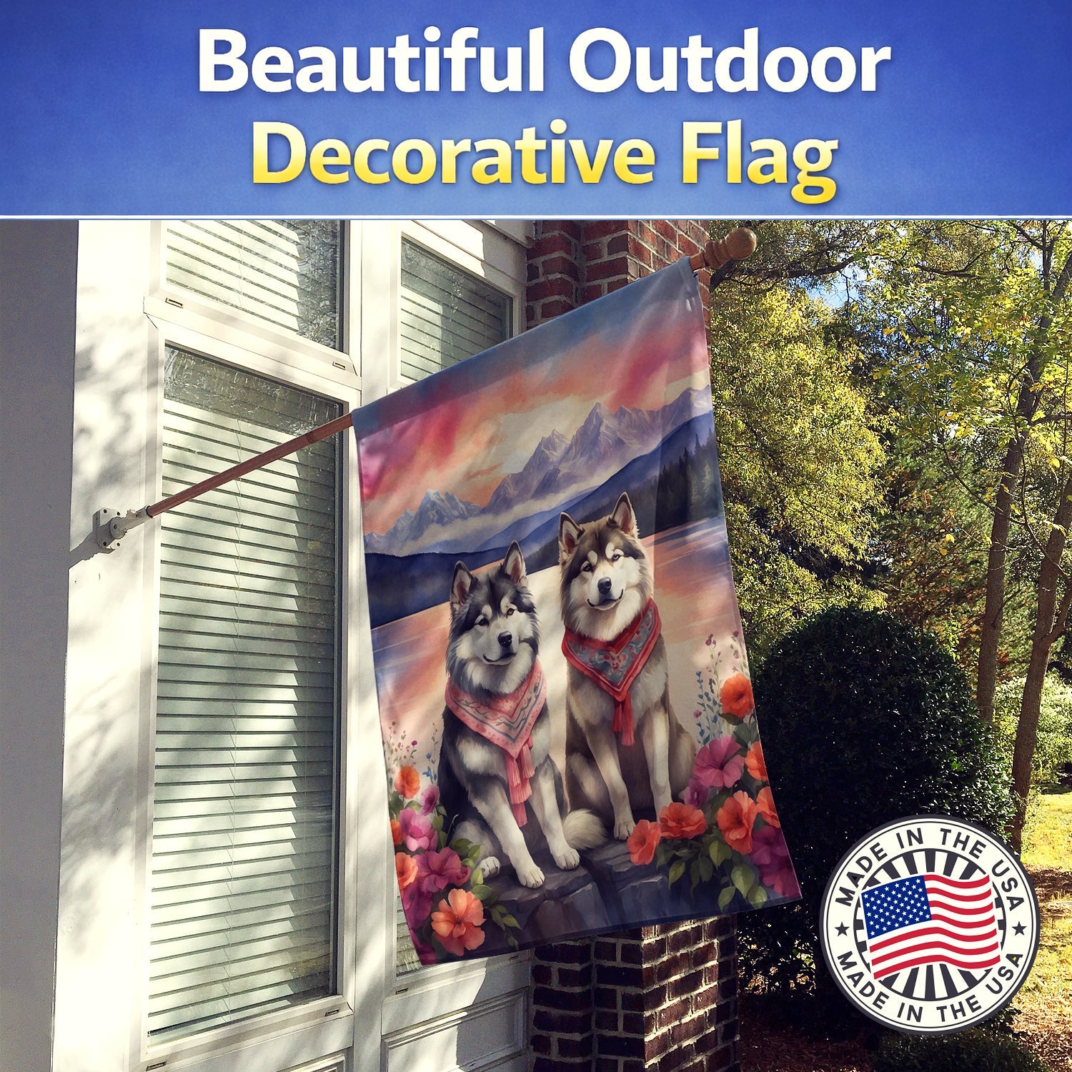 Alaskan Malamute Two Hearts House Flag 28x40 Porch Sleeve Pole Decorative Outside Yard Banner Artwork Wall Hanging, Polyester