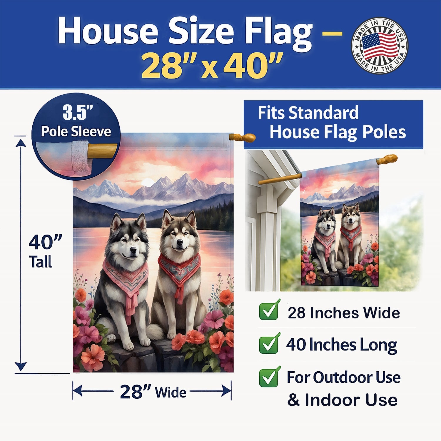 Alaskan Malamute Two Hearts House Flag 28x40 Porch Sleeve Pole Decorative Outside Yard Banner Artwork Wall Hanging, Polyester