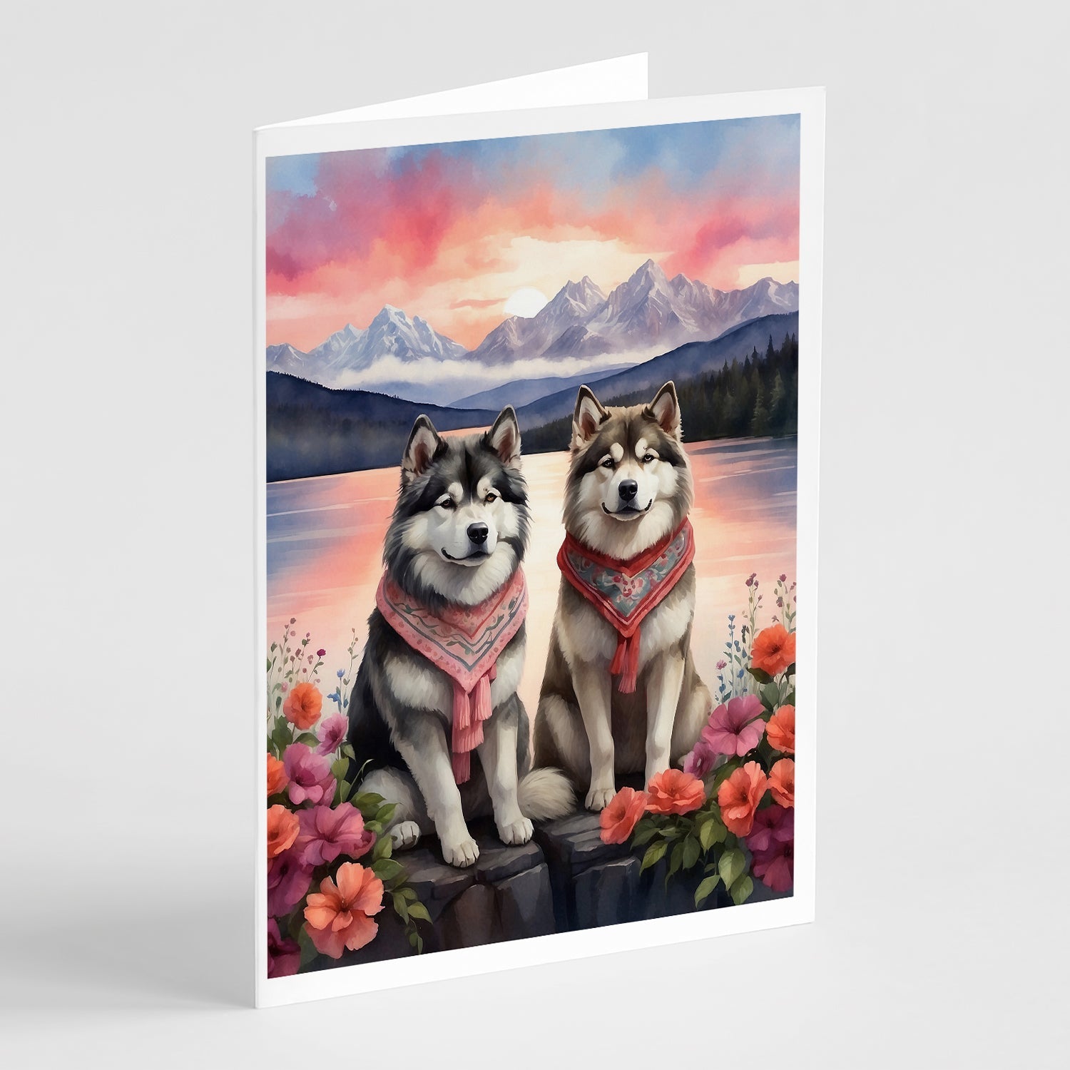 Alaskan Malamute Two Hearts Greeting Cards Pack of 8 Blank Cards with Envelopes Whimsical A7 Size 5x7