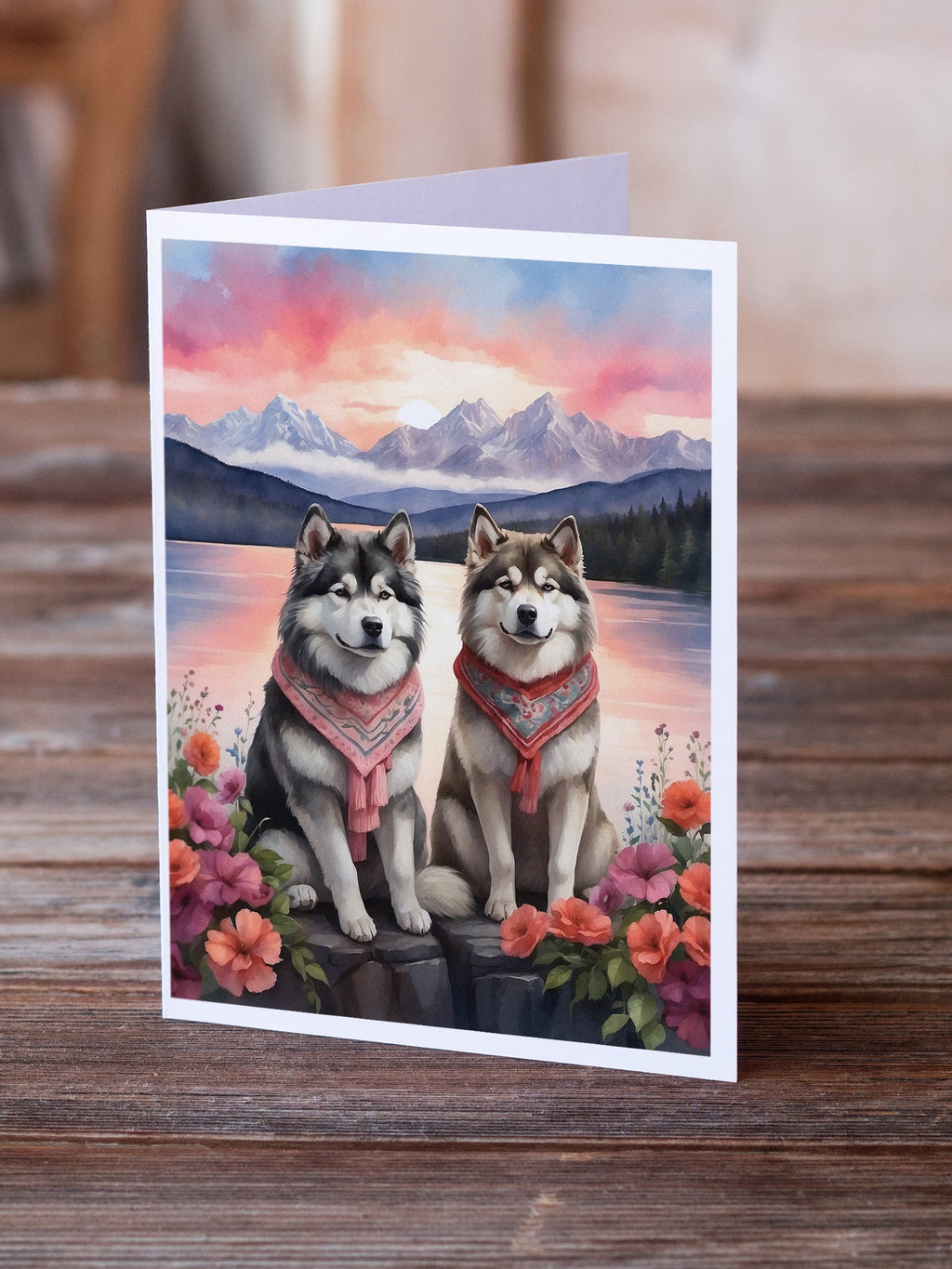 Alaskan Malamute Two Hearts Greeting Cards Pack of 8 Blank Cards with Envelopes Whimsical A7 Size 5x7