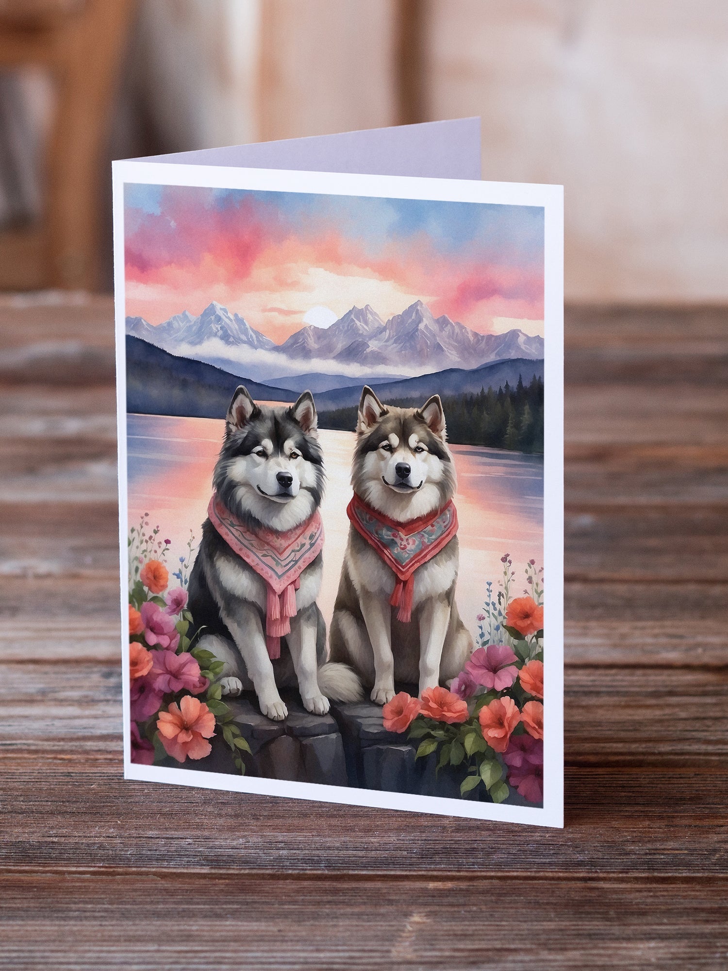 Alaskan Malamute Two Hearts Greeting Cards Pack of 8 Blank Cards with Envelopes Whimsical A7 Size 5x7