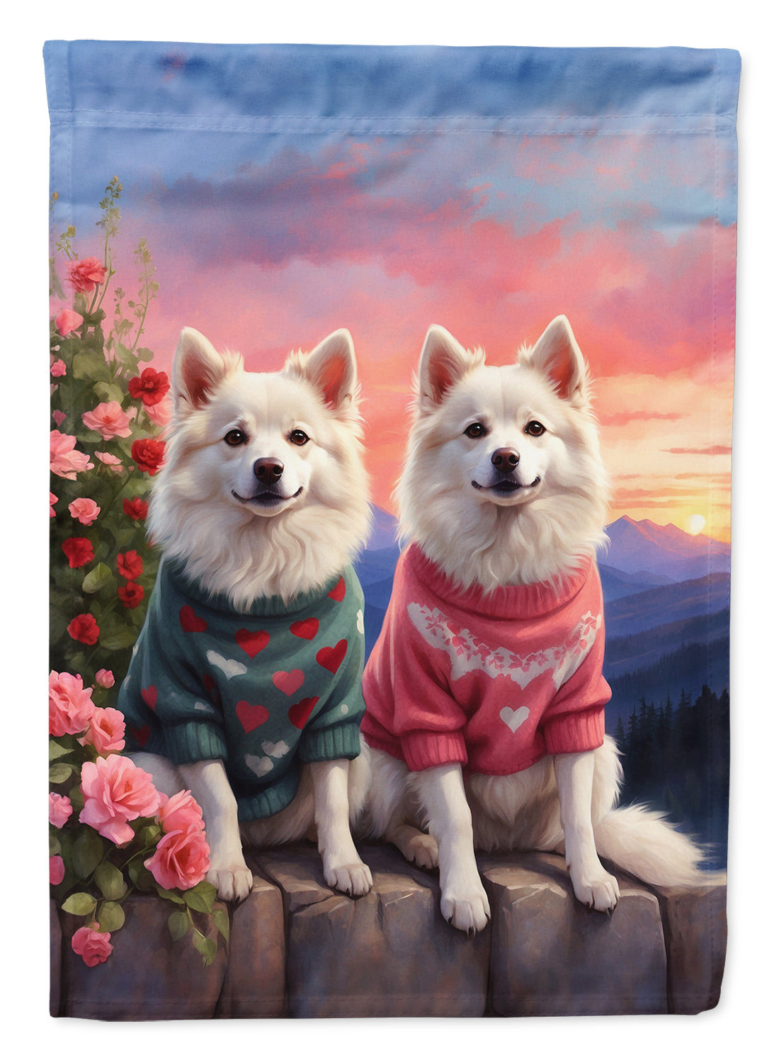 American Eskimo Two Hearts House Flag 28x40 Porch Sleeve Pole Decorative Outside Yard Banner Artwork Wall Hanging, Polyester