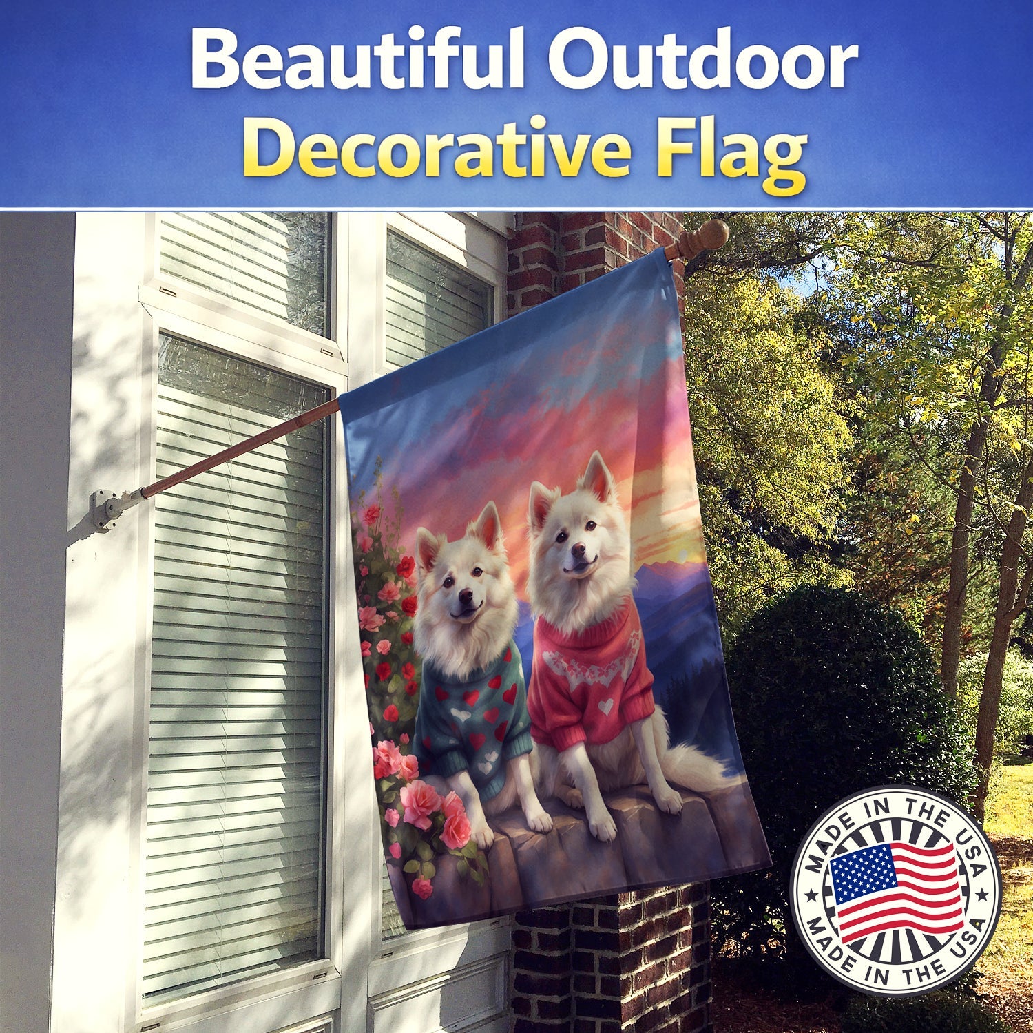 American Eskimo Two Hearts House Flag 28x40 Porch Sleeve Pole Decorative Outside Yard Banner Artwork Wall Hanging, Polyester