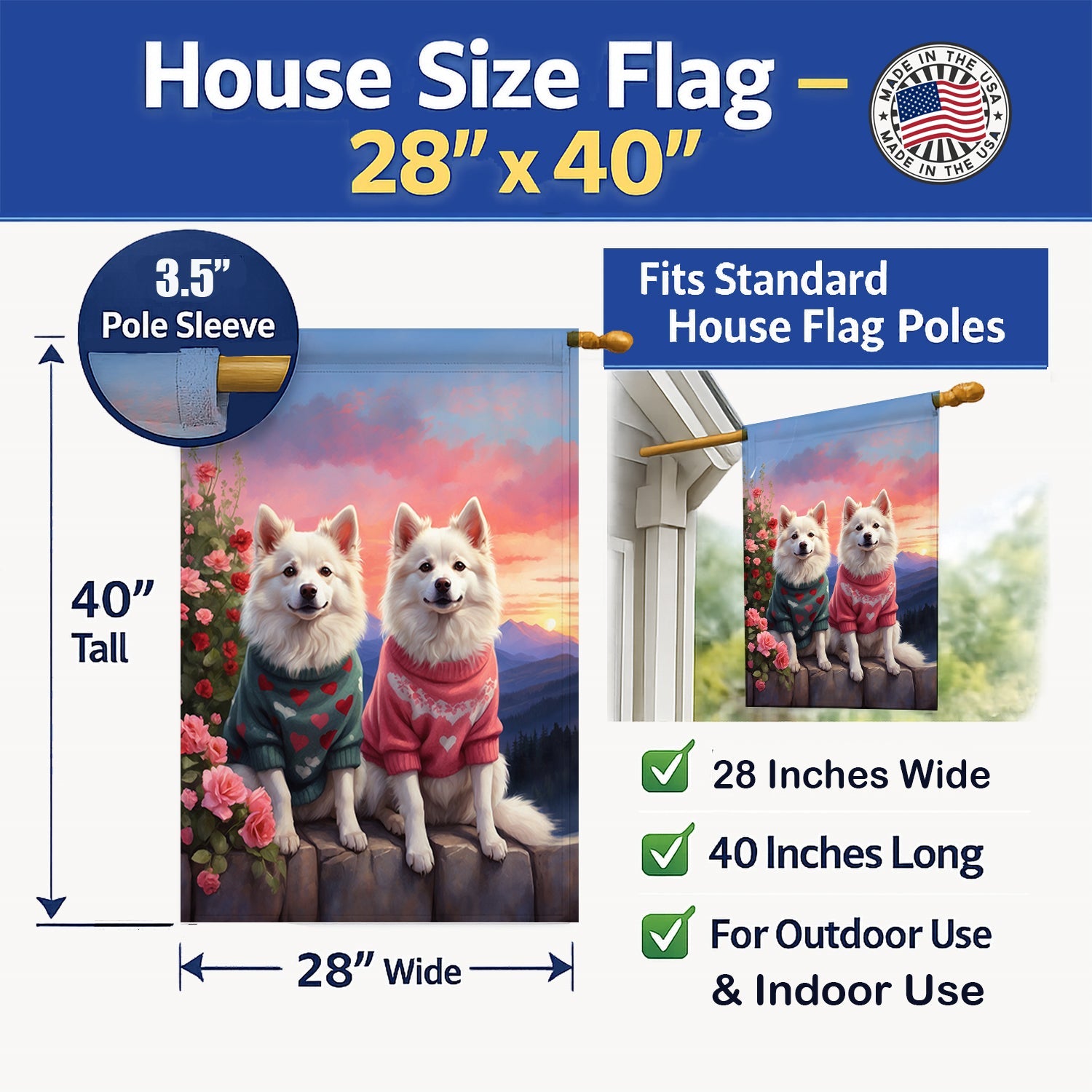 American Eskimo Two Hearts House Flag 28x40 Porch Sleeve Pole Decorative Outside Yard Banner Artwork Wall Hanging, Polyester