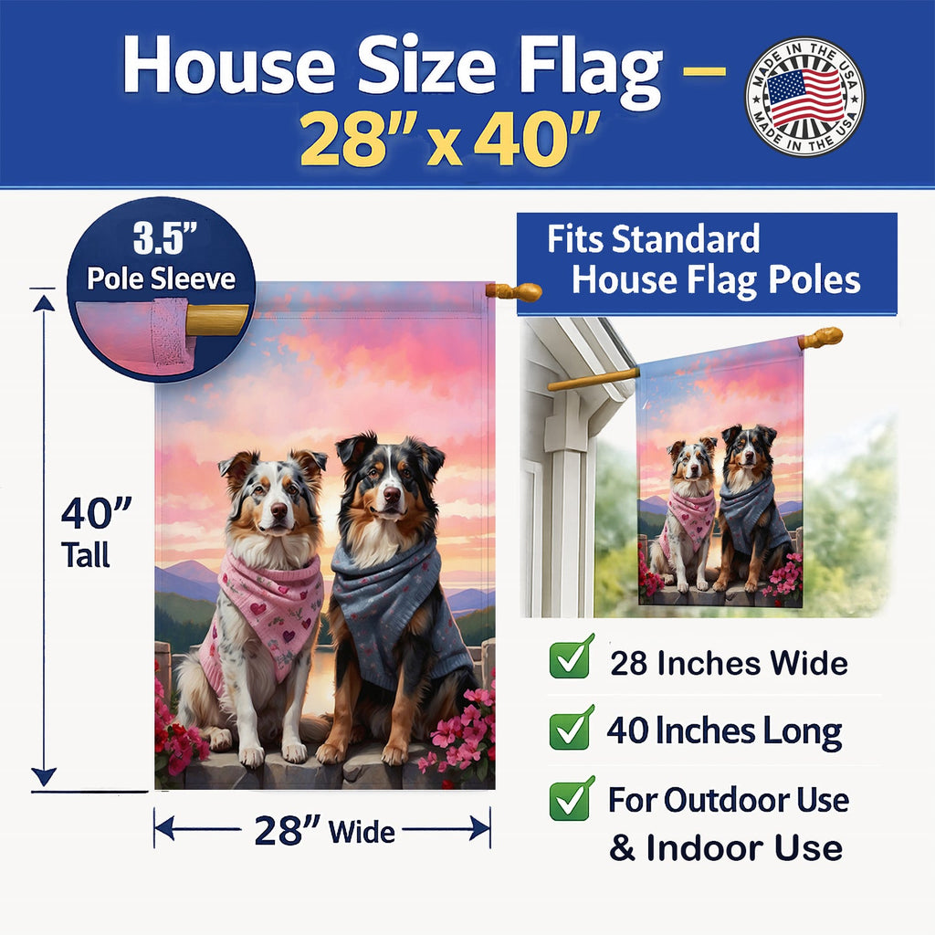 Australian Shepherd Two Hearts House Flag 28x40 Porch Sleeve Pole Decorative Outside Yard Banner Artwork Wall Hanging, Polyester