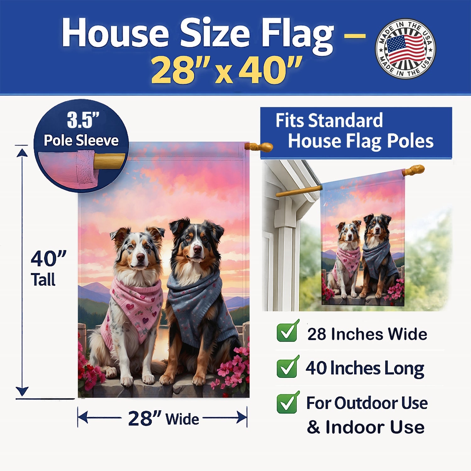 Australian Shepherd Two Hearts House Flag 28x40 Porch Sleeve Pole Decorative Outside Yard Banner Artwork Wall Hanging, Polyester