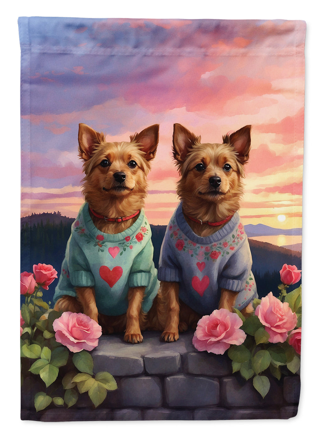 Australian Terrier Two Hearts House Flag 28x40 Porch Sleeve Pole Decorative Outside Yard Banner Artwork Wall Hanging, Polyester