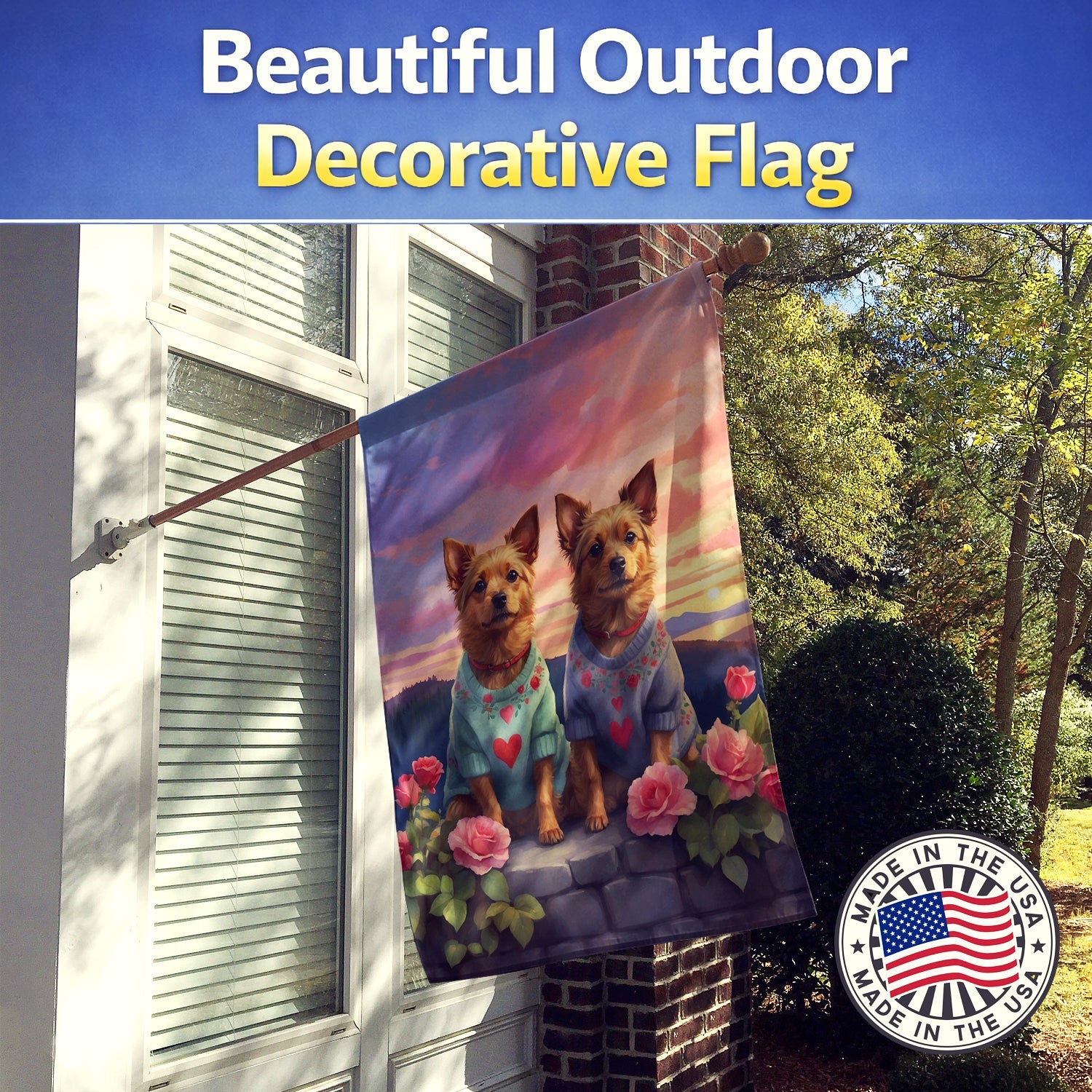 Australian Terrier Two Hearts House Flag 28x40 Porch Sleeve Pole Decorative Outside Yard Banner Artwork Wall Hanging, Polyester