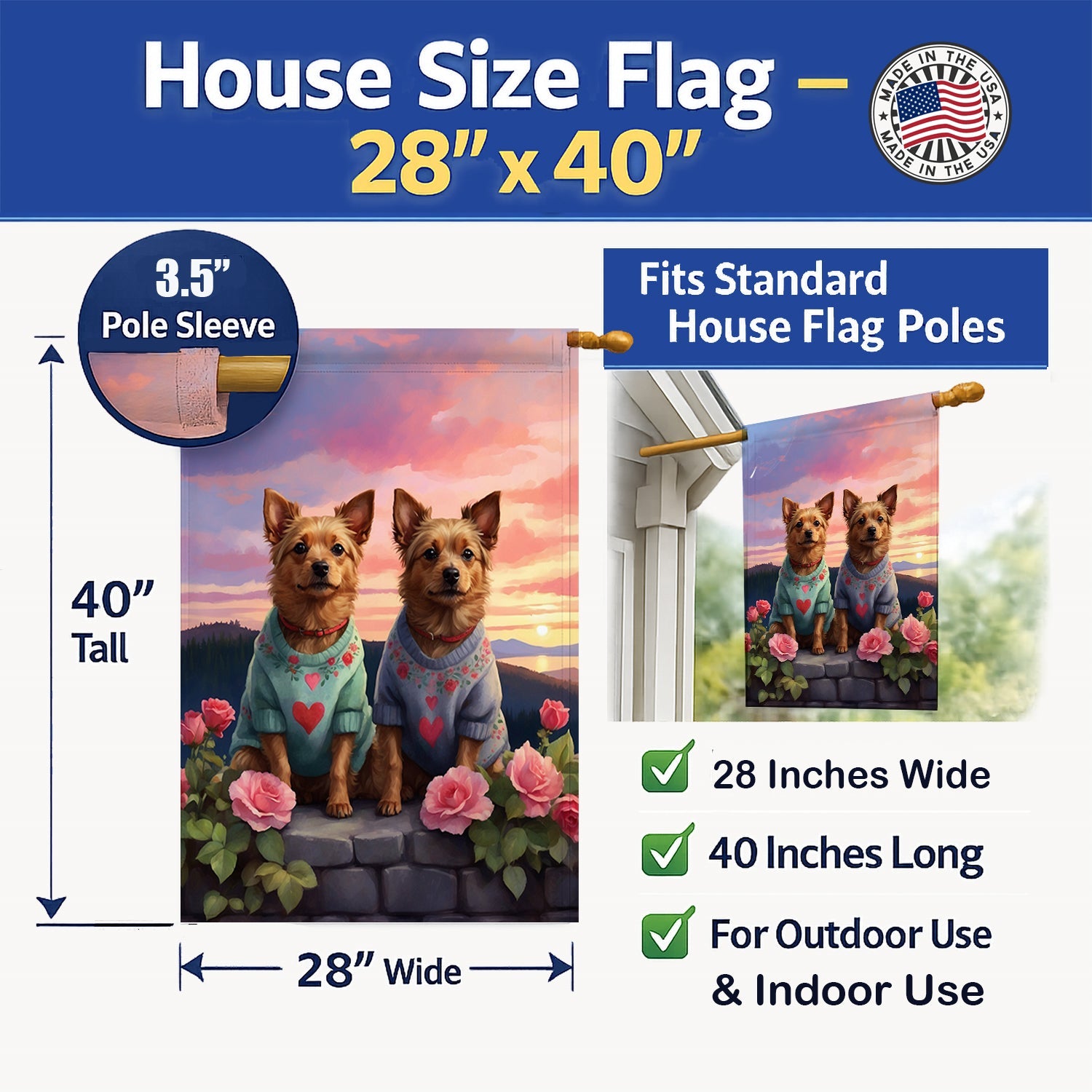 Australian Terrier Two Hearts House Flag 28x40 Porch Sleeve Pole Decorative Outside Yard Banner Artwork Wall Hanging, Polyester