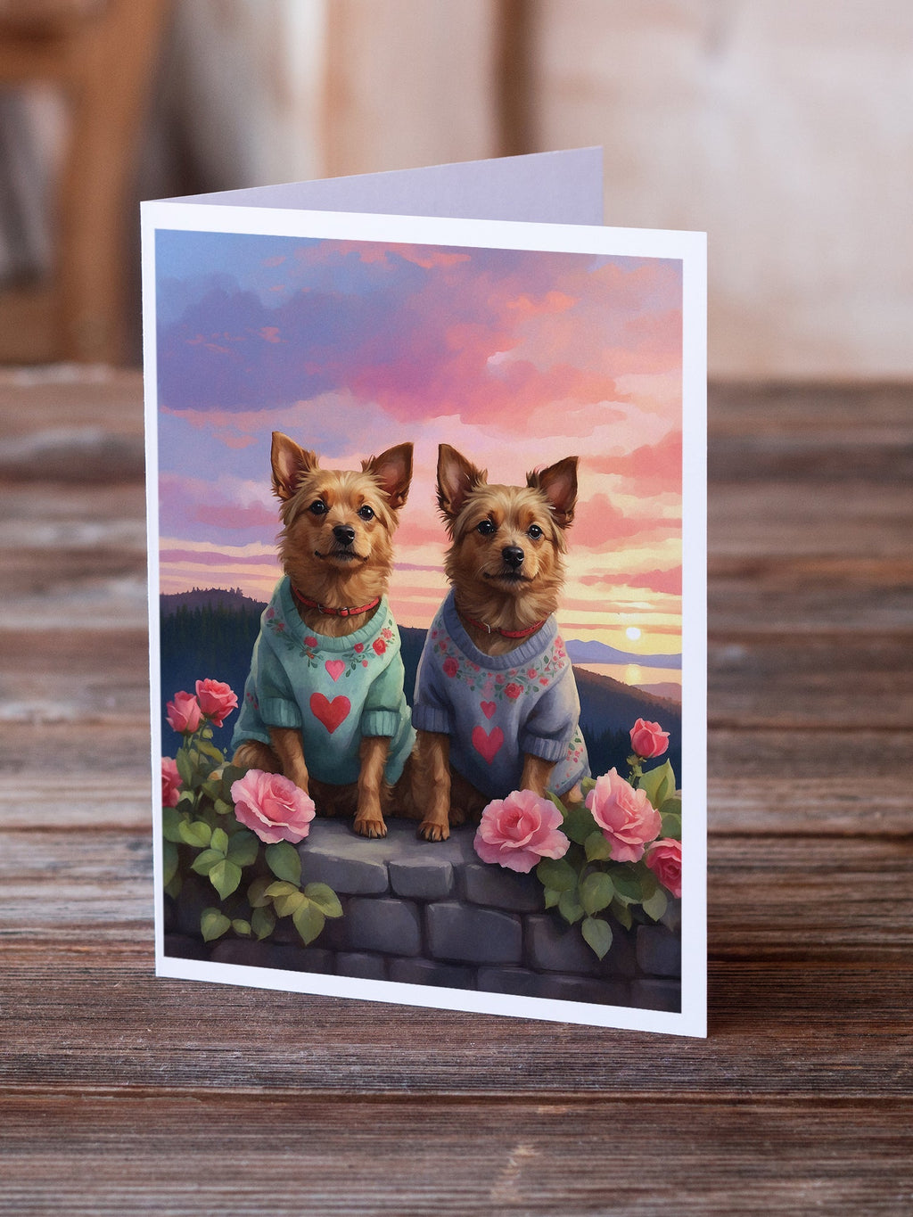 Australian Terrier Two Hearts Greeting Cards Pack of 8 Blank Cards with Envelopes Whimsical A7 Size 5x7