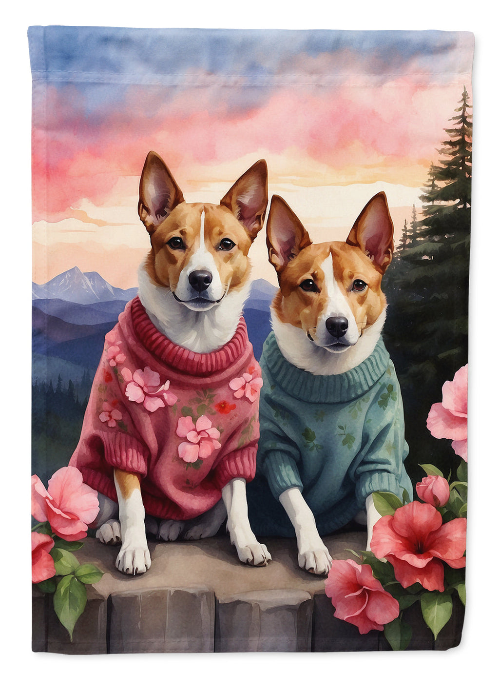 Basenji Two Hearts House Flag 28x40 Porch Sleeve Pole Decorative Outside Yard Banner Artwork Wall Hanging, Polyester
