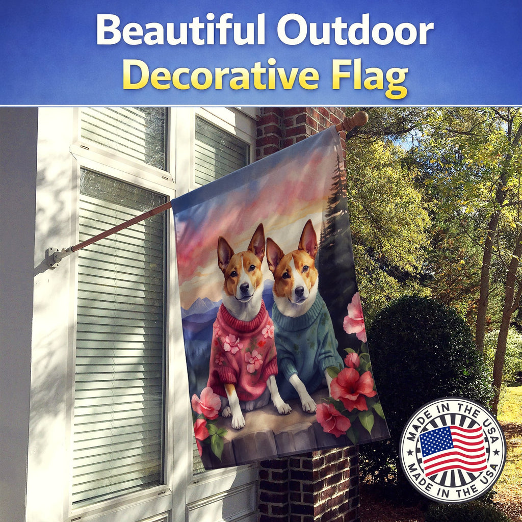 Basenji Two Hearts House Flag 28x40 Porch Sleeve Pole Decorative Outside Yard Banner Artwork Wall Hanging, Polyester