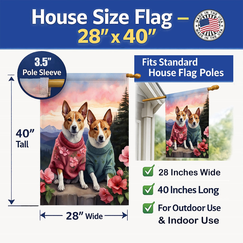 Basenji Two Hearts House Flag 28x40 Porch Sleeve Pole Decorative Outside Yard Banner Artwork Wall Hanging, Polyester