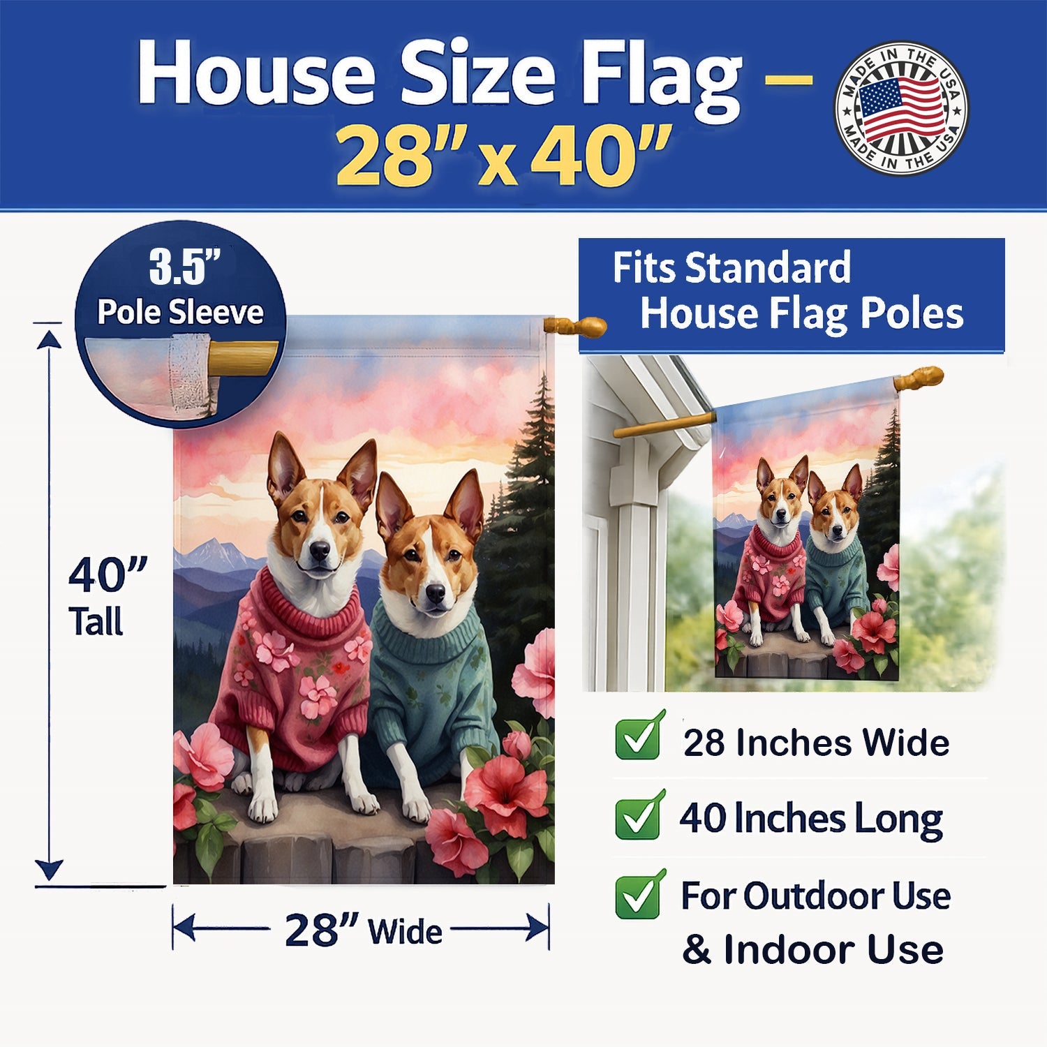 Basenji Two Hearts House Flag 28x40 Porch Sleeve Pole Decorative Outside Yard Banner Artwork Wall Hanging, Polyester